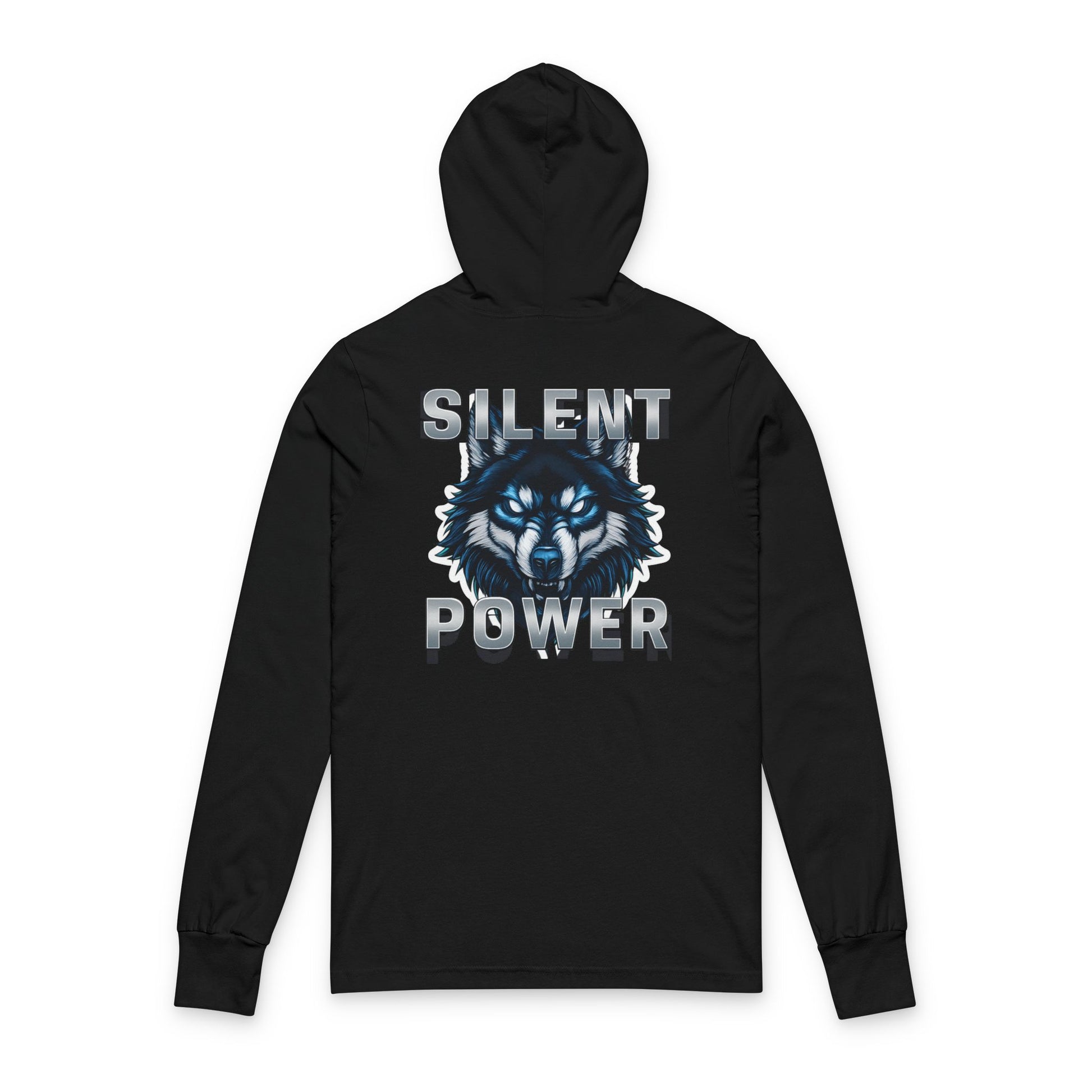Black hoodie with wolf graphic and 'Silent Power' text on a white background