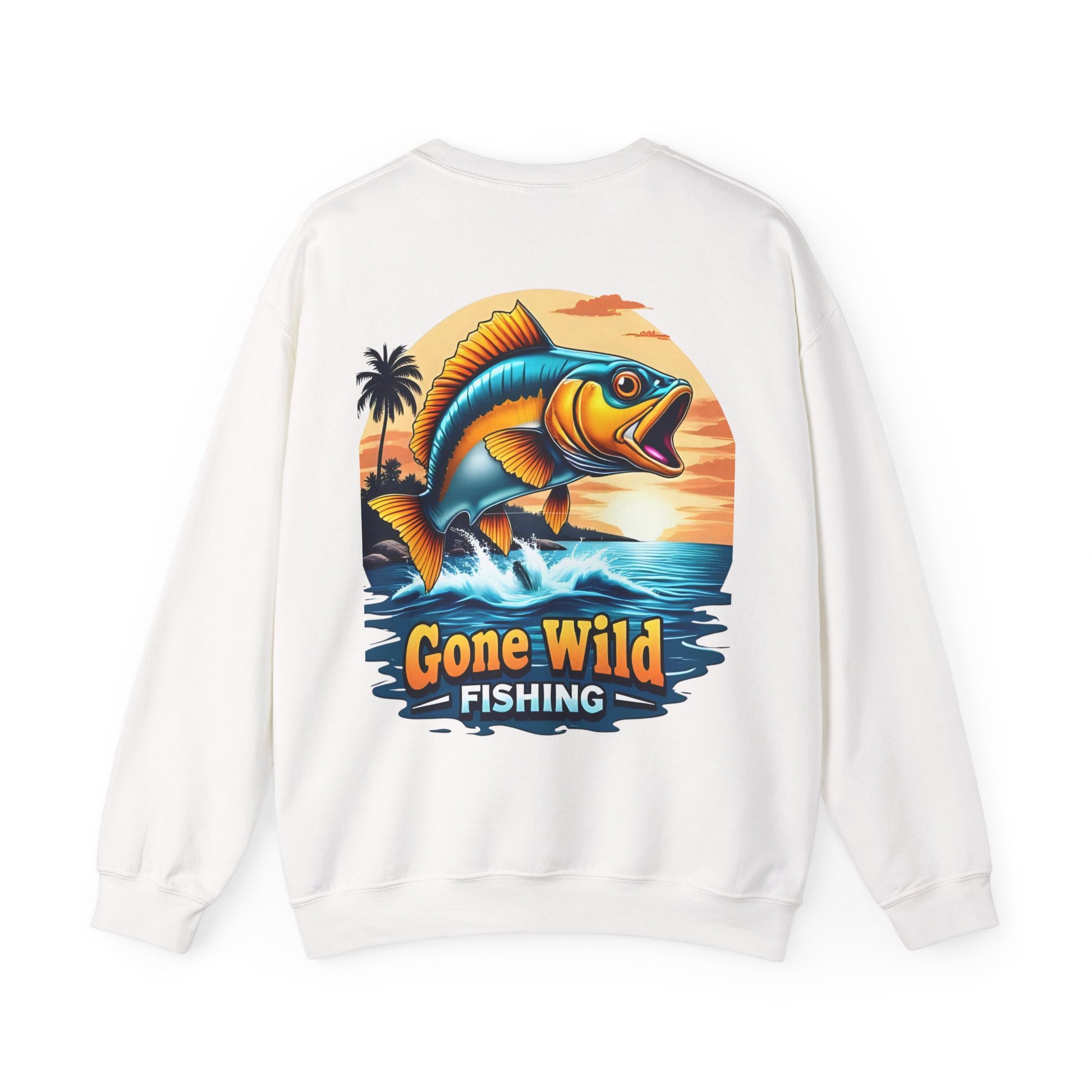 White sweatshirt with a colorful fish graphic and 'Gone Wild Fishing' text on a white background