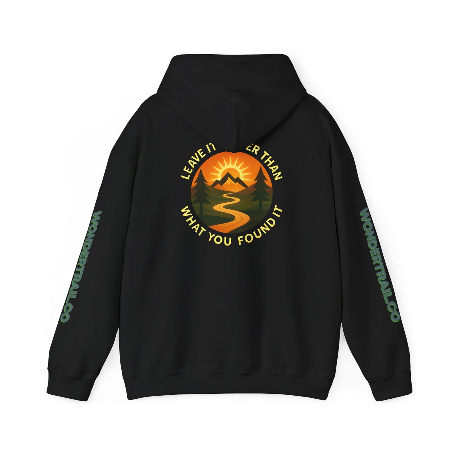 Black hoodie with a scenic graphic and text on the back, on a white background