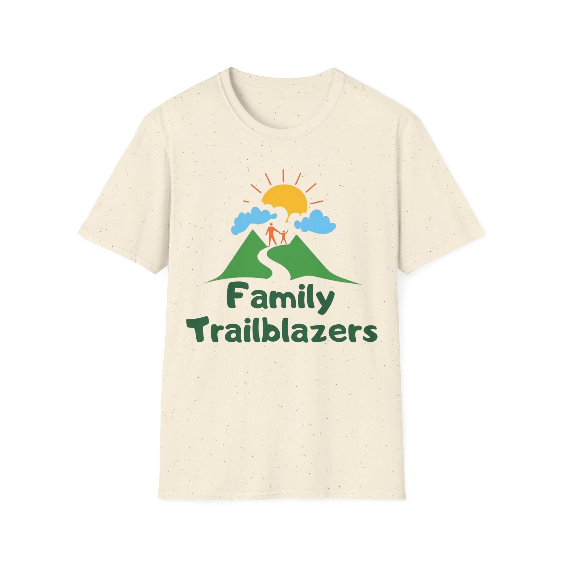 Beige t-shirt with 'Family Trailblazers' graphic design on a white background
