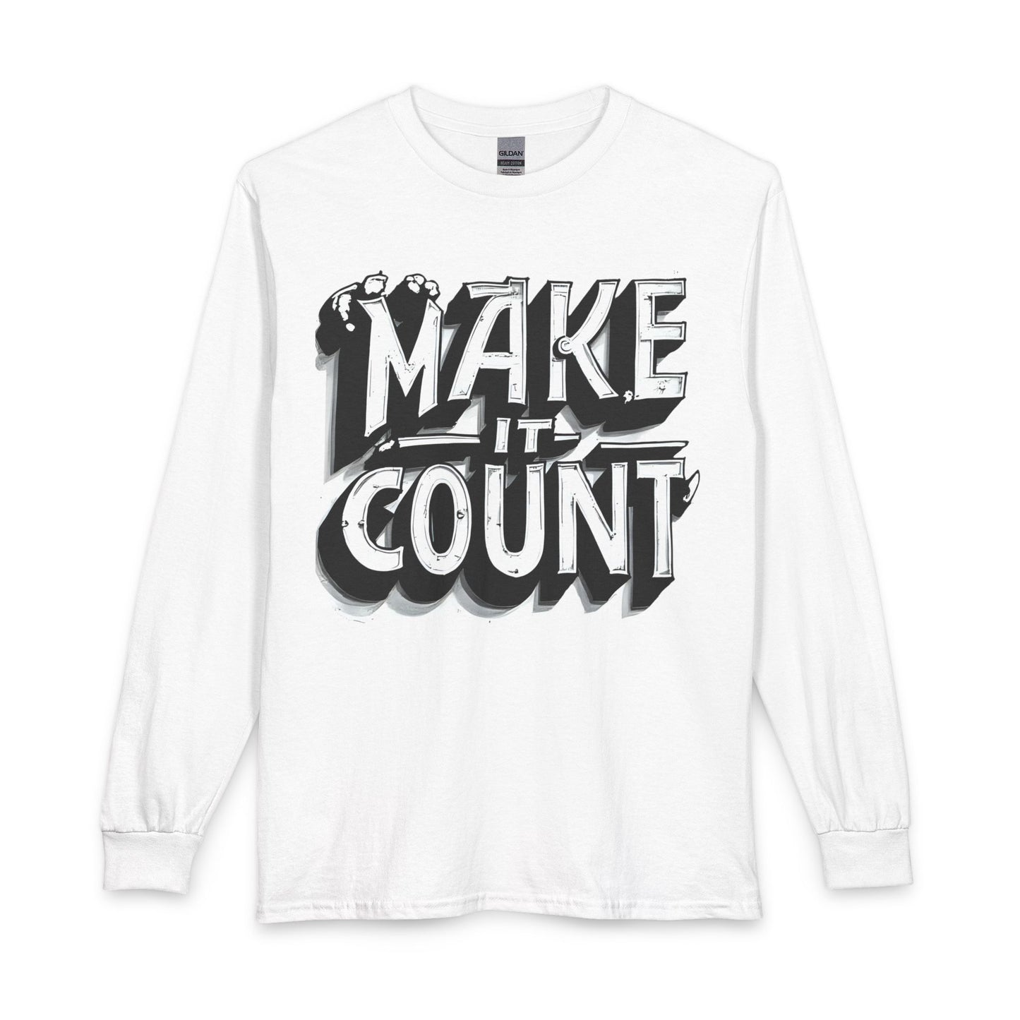 White long-sleeve shirt with 'MAKE IT COUNT' text design on a white background