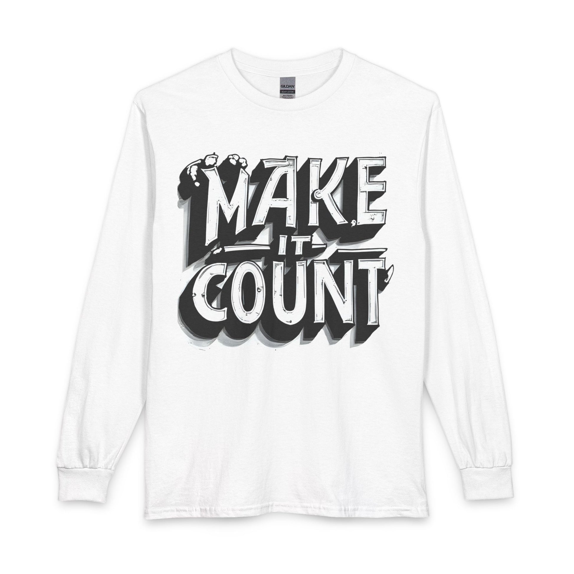 White long-sleeve shirt with 'MAKE IT COUNT' text design on a white background