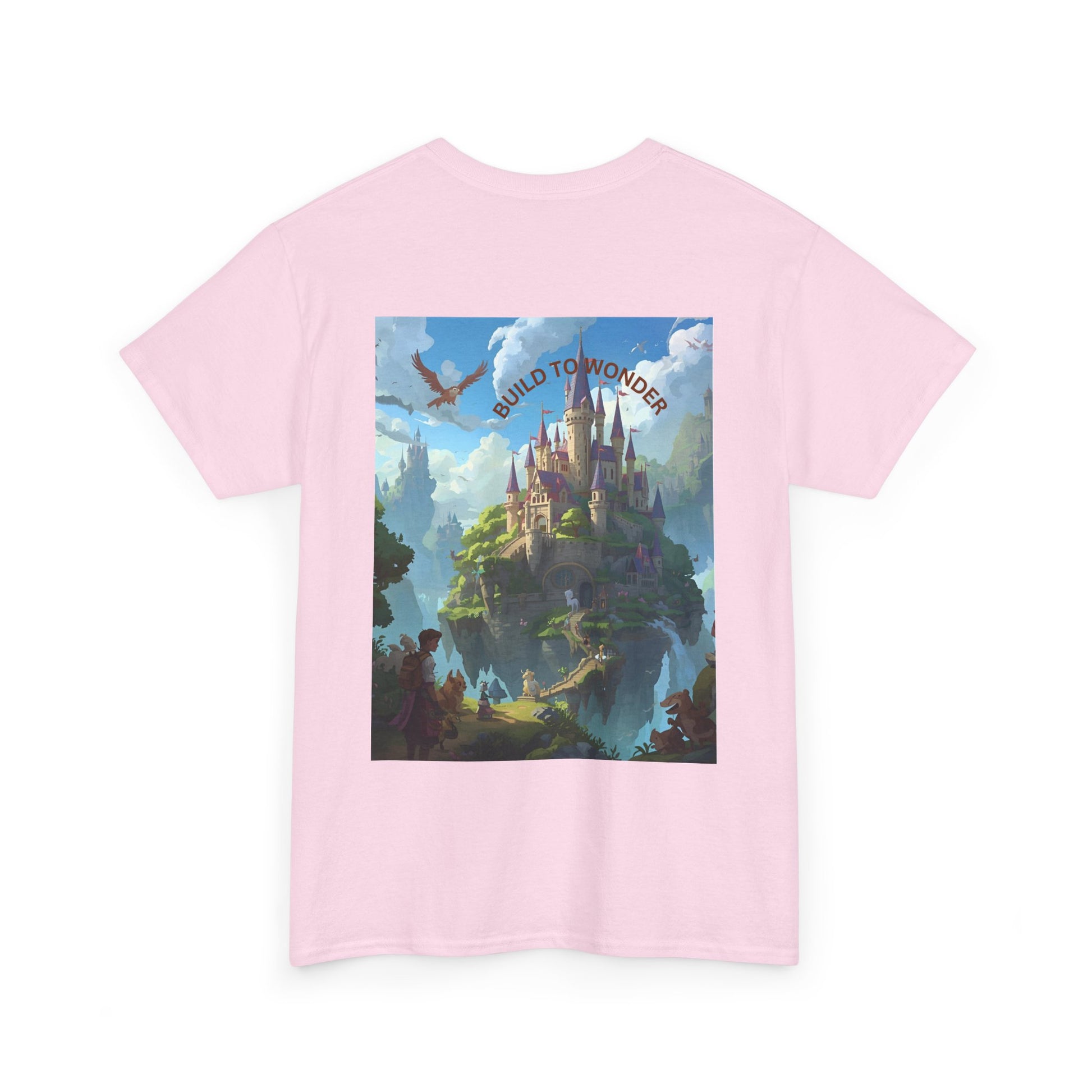 Pink t-shirt with a castle graphic and 'Build to Wonder' text on a white background