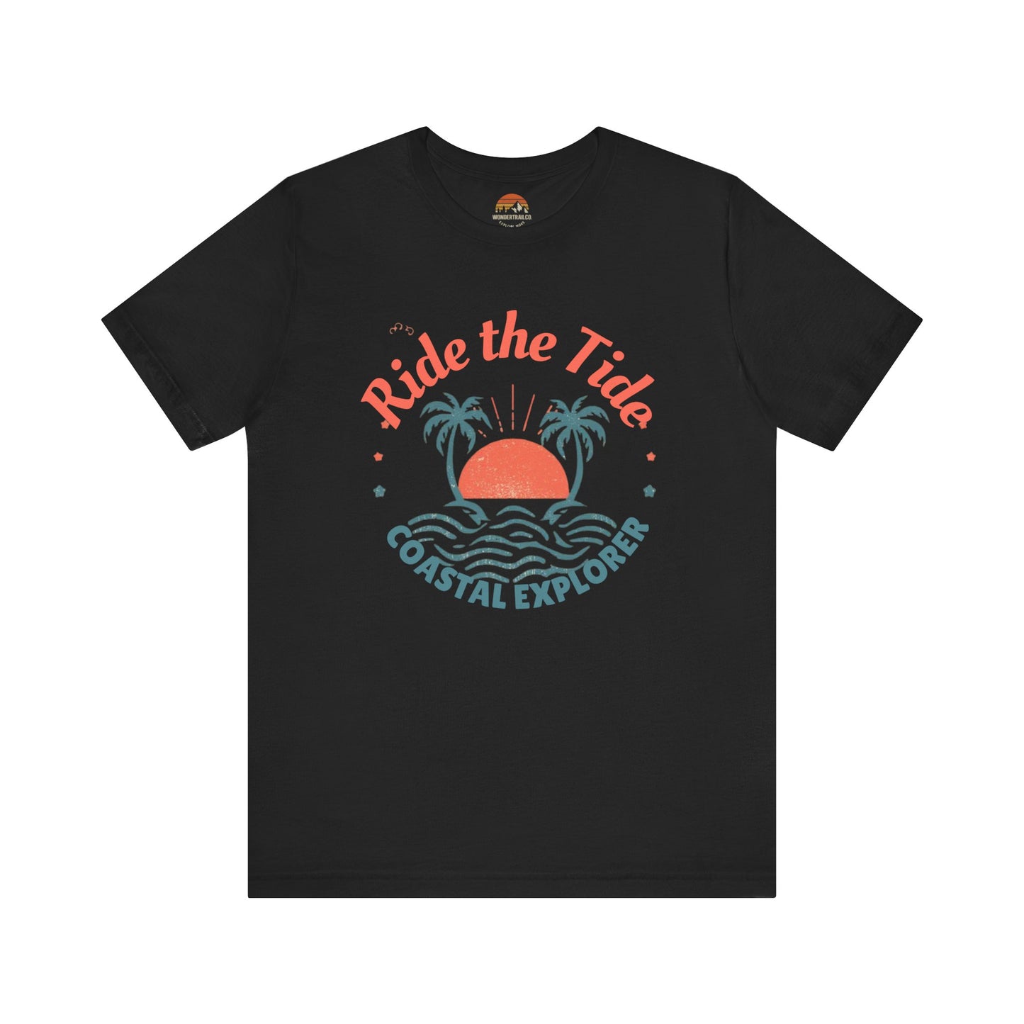 Black t-shirt with 'Ride the Tide Coastal Explorer' graphic design on a white background