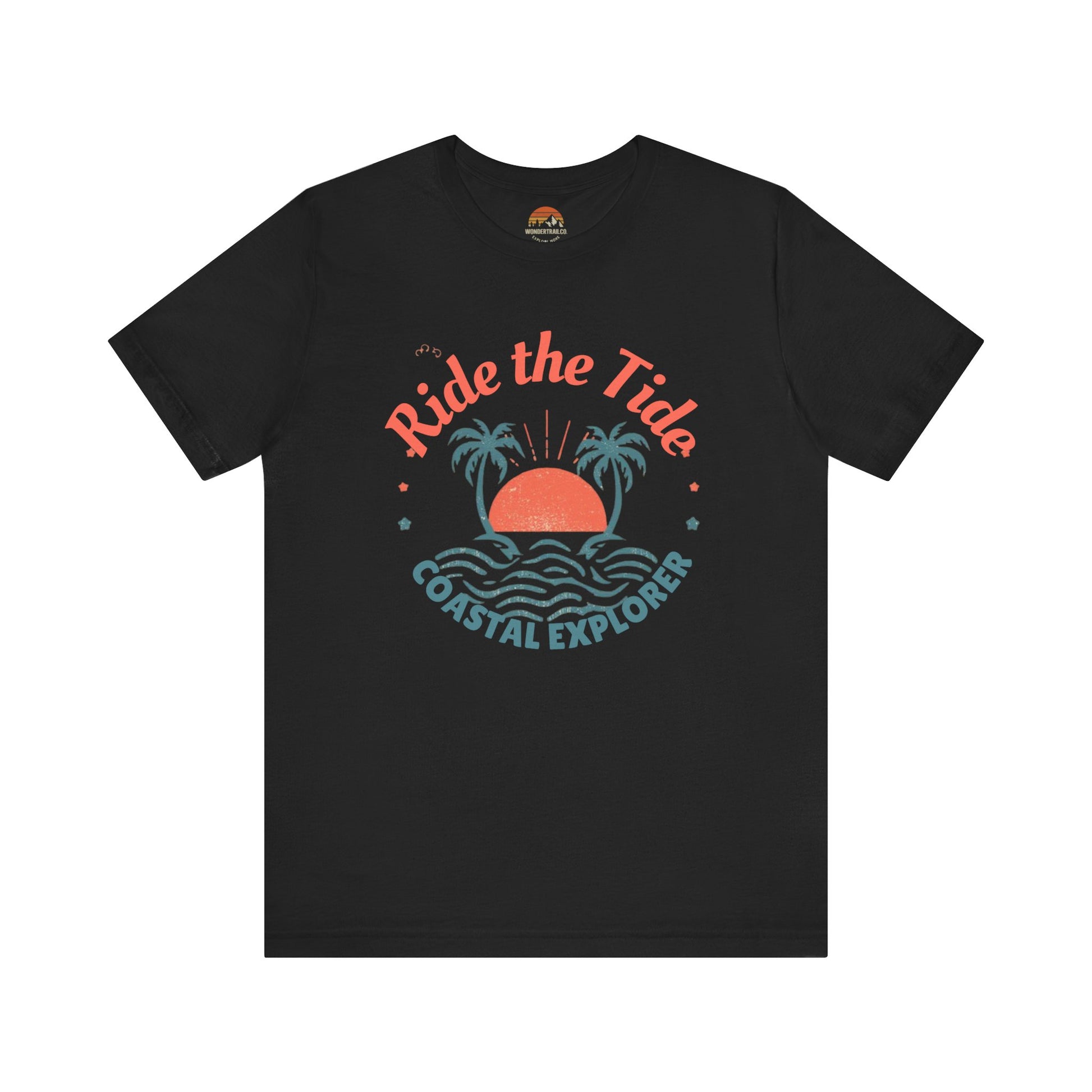 Black t-shirt with 'Ride the Tide Coastal Explorer' graphic design on a white background