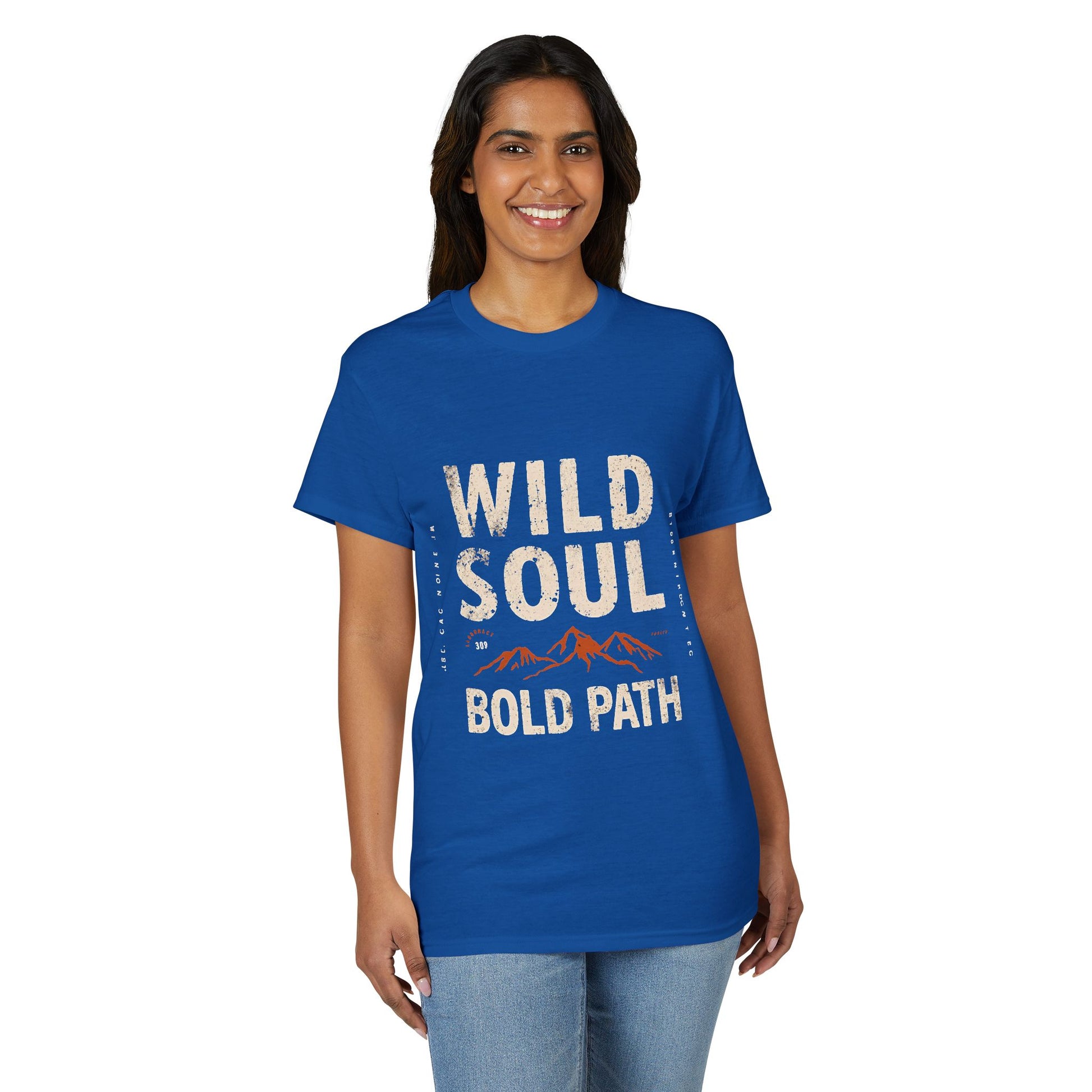 Woman wearing a blue t-shirt with 'Wild Soul Bold Path' text on a white background