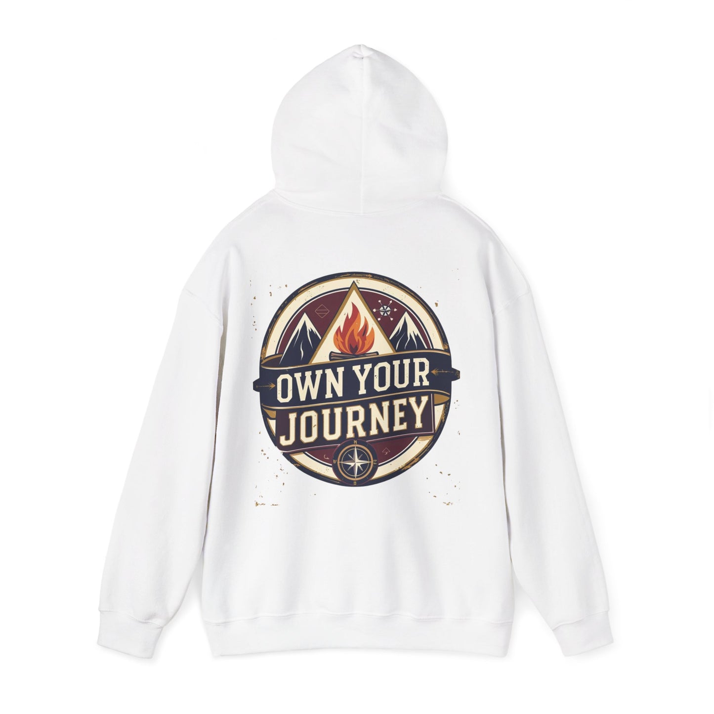 White hoodie with 'Own Your Journey' graphic design on a white background
