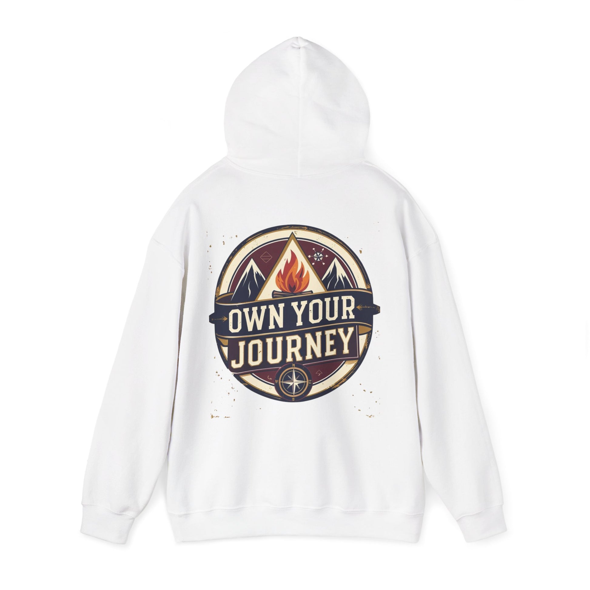 White hoodie with 'Own Your Journey' graphic design on a white background