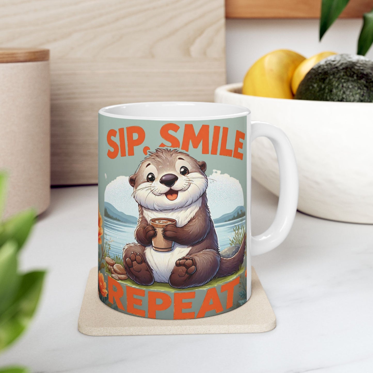 Sip, Smile, Repeat Ceramic Mug — Floral Otter Lake Coffee Cup (11oz & 15oz)