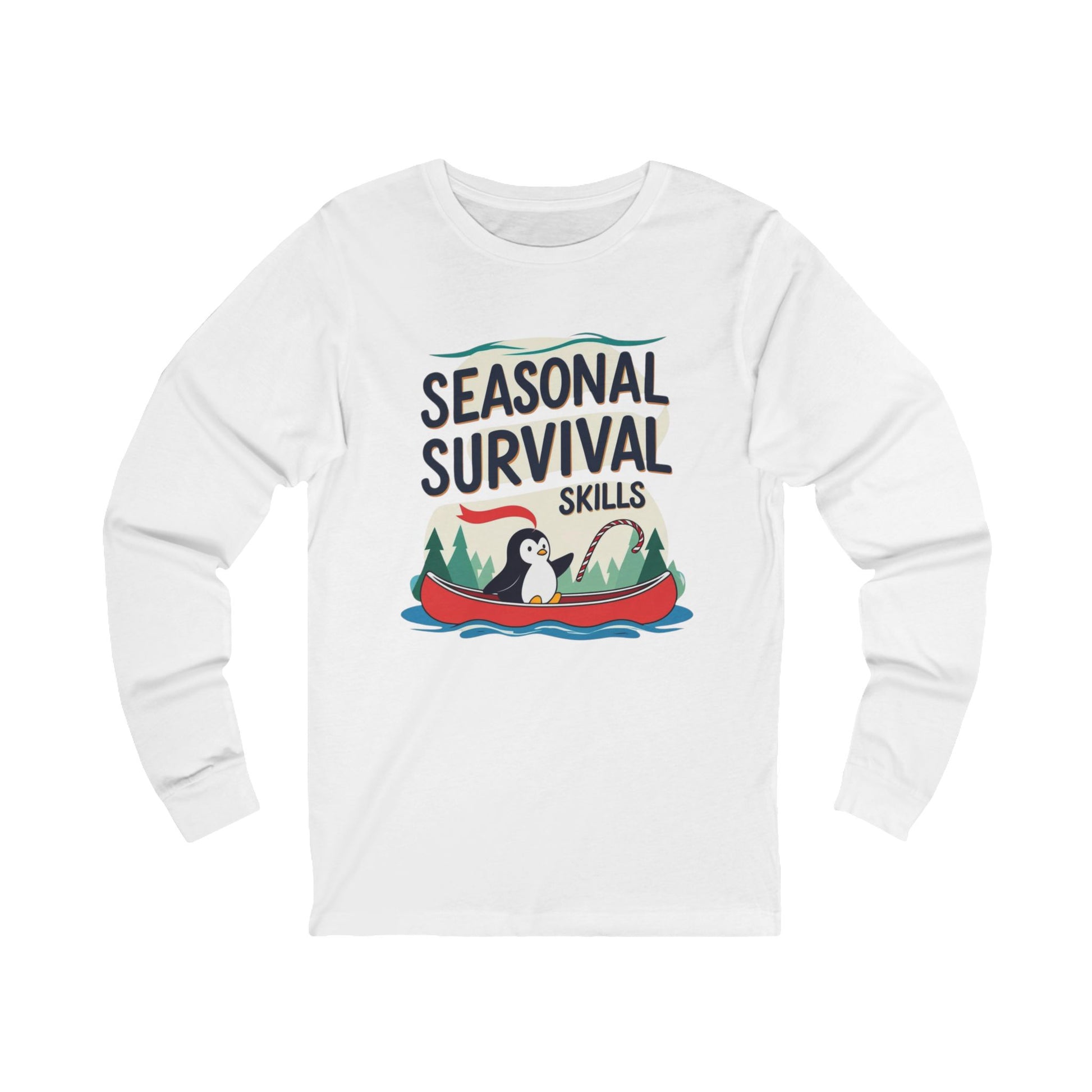 White long-sleeve shirt with 'Seasonal Survival Skills' graphic featuring a penguin in a kayak on a white background.