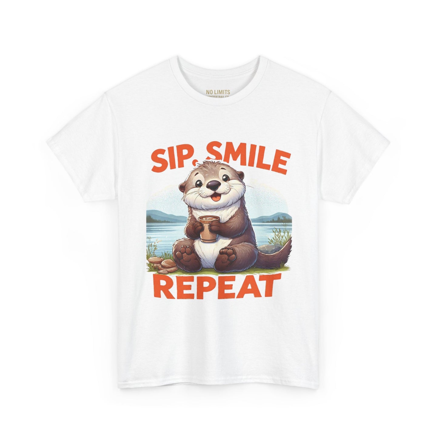 White t-shirt with an otter graphic and text 'Sip. Smile. Repeat.' on a white background