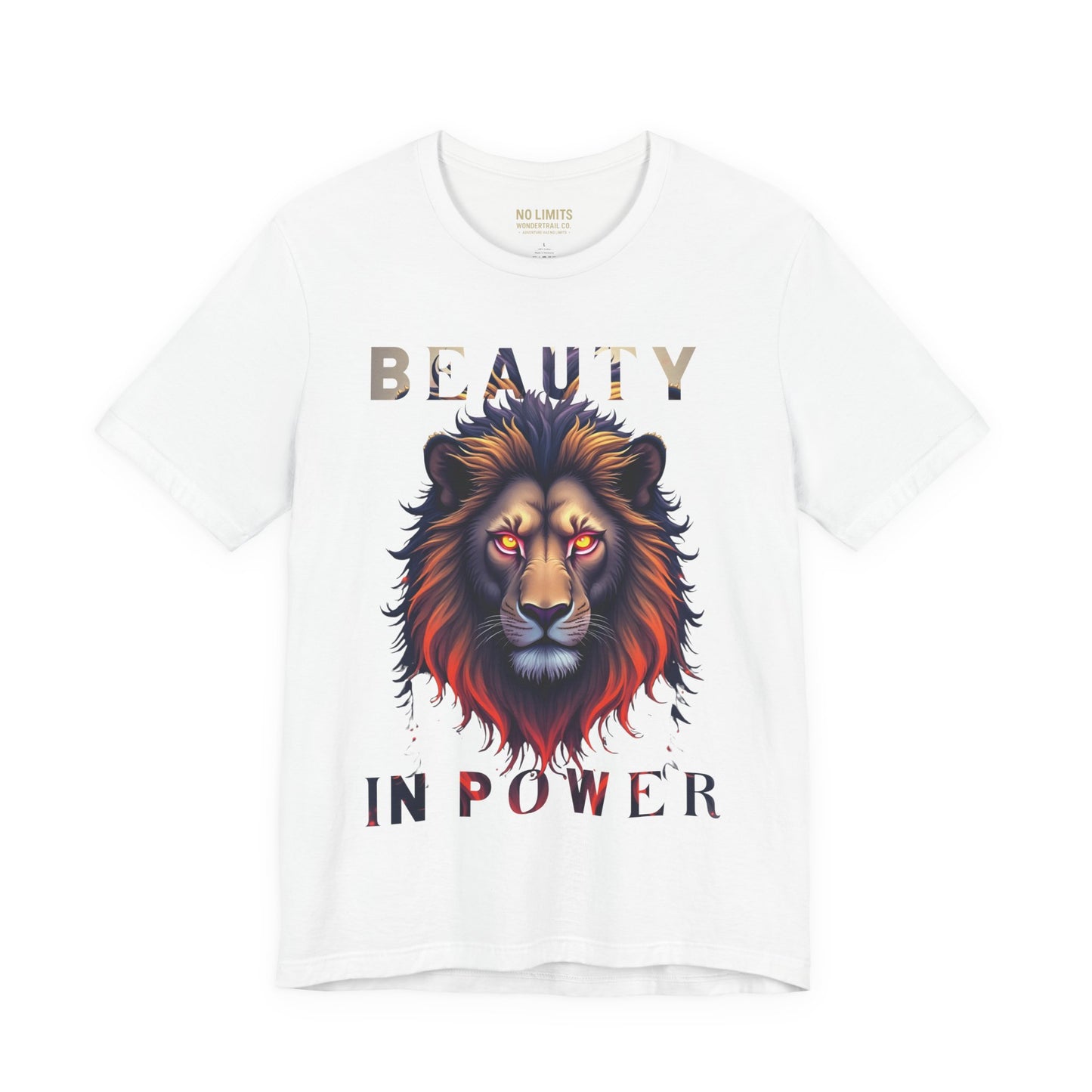 White t-shirt with a lion graphic and 'Beauty in Power' text on a white background