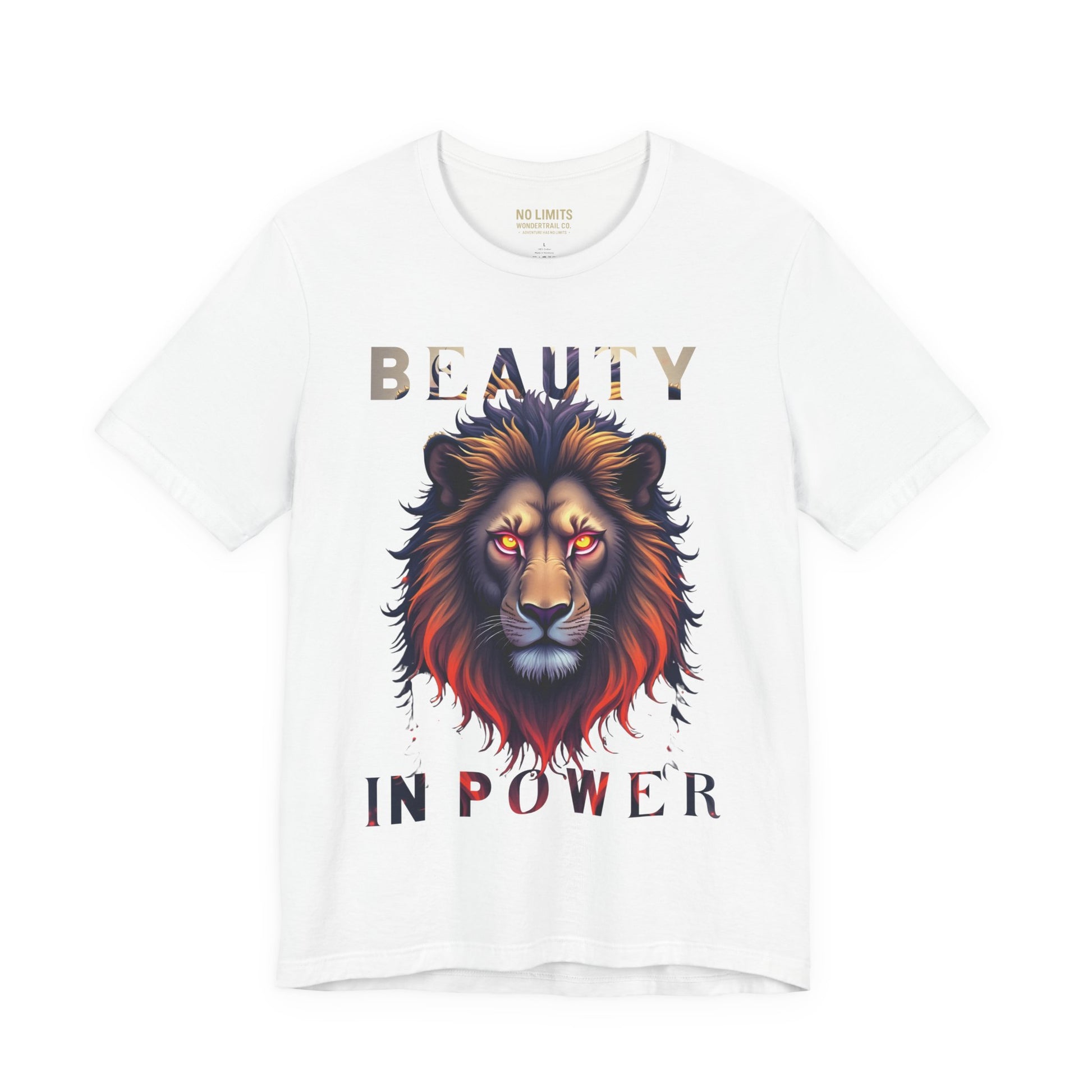 White t-shirt with a lion graphic and 'Beauty in Power' text on a white background