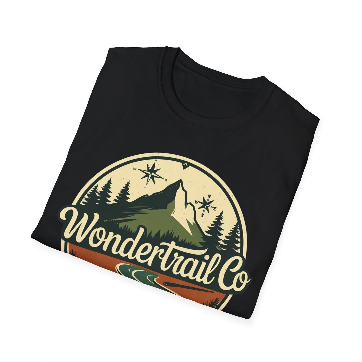 Folded black t-shirt with 'Wondertrail Co' logo featuring a mountain and trees on a white background