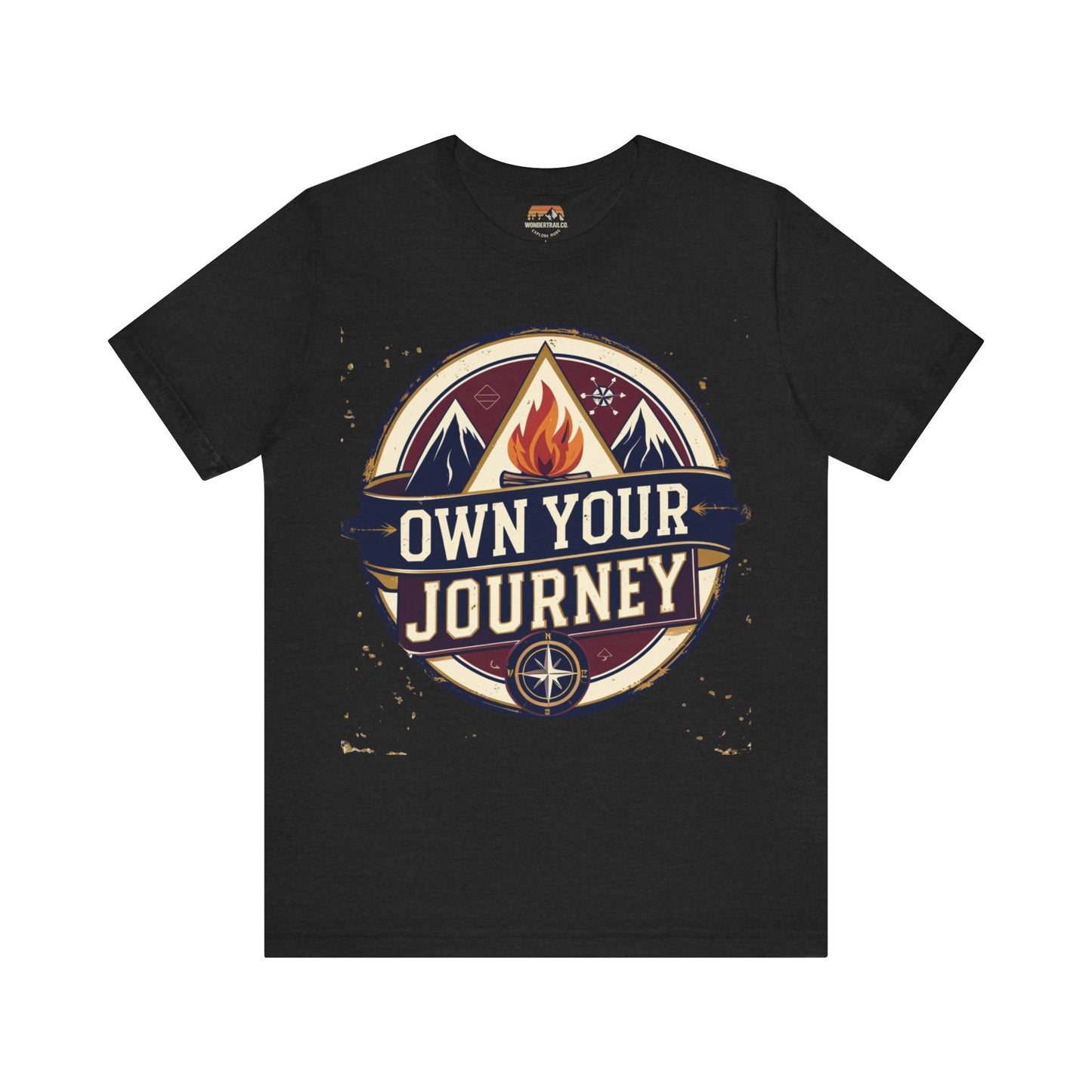 Black t-shirt with 'Own Your Journey' graphic design on a white background