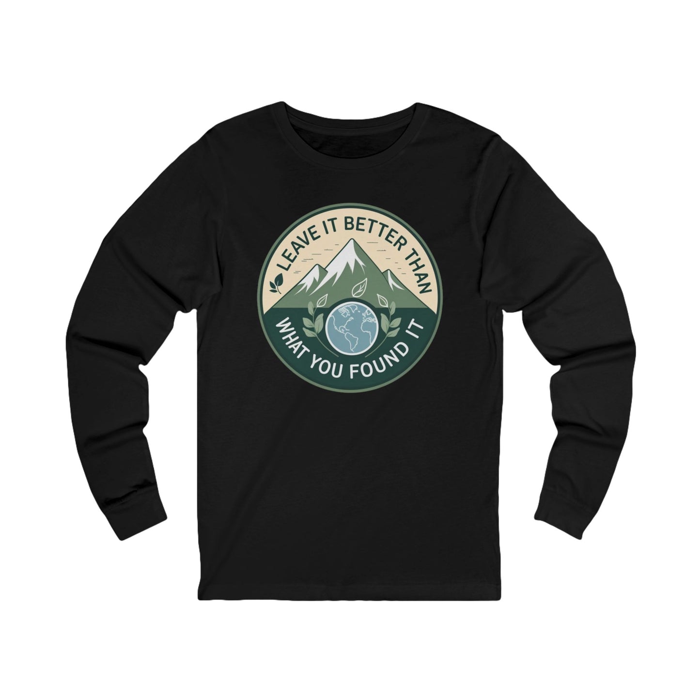 Black long-sleeve shirt with environmental graphic and text on a white background