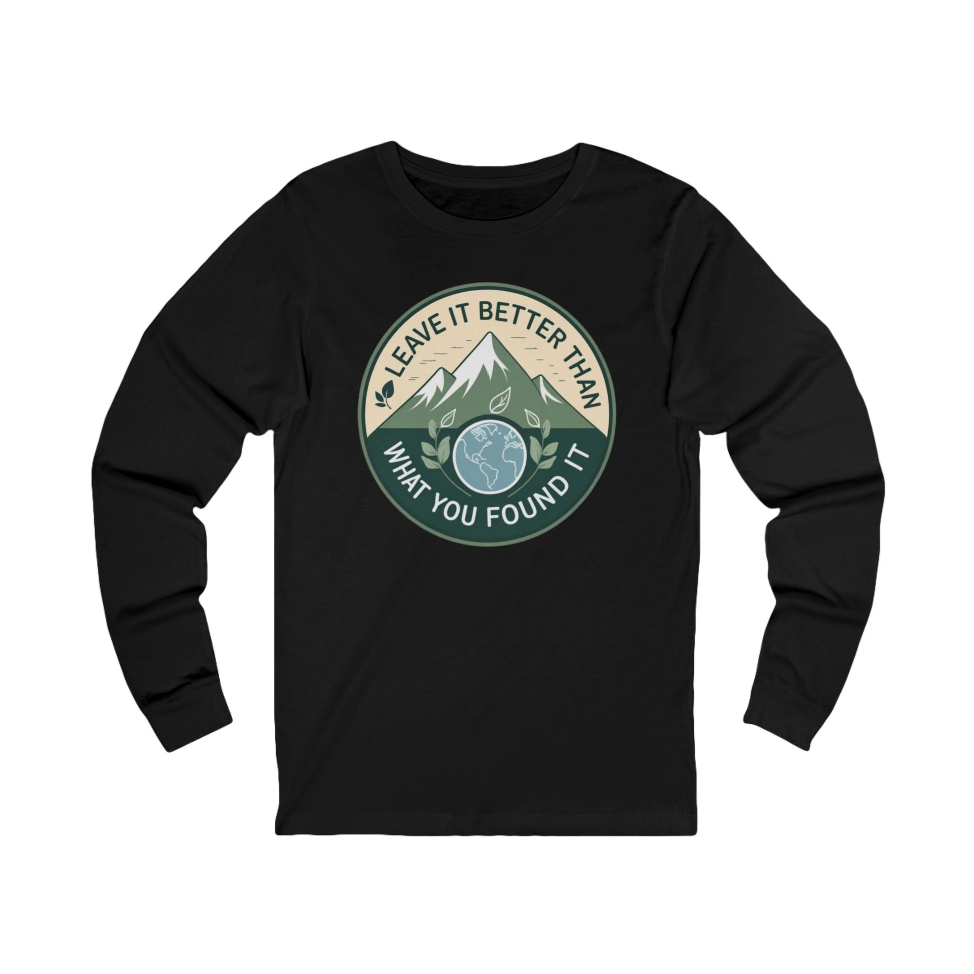 Black long-sleeve shirt with environmental graphic and text on a white background