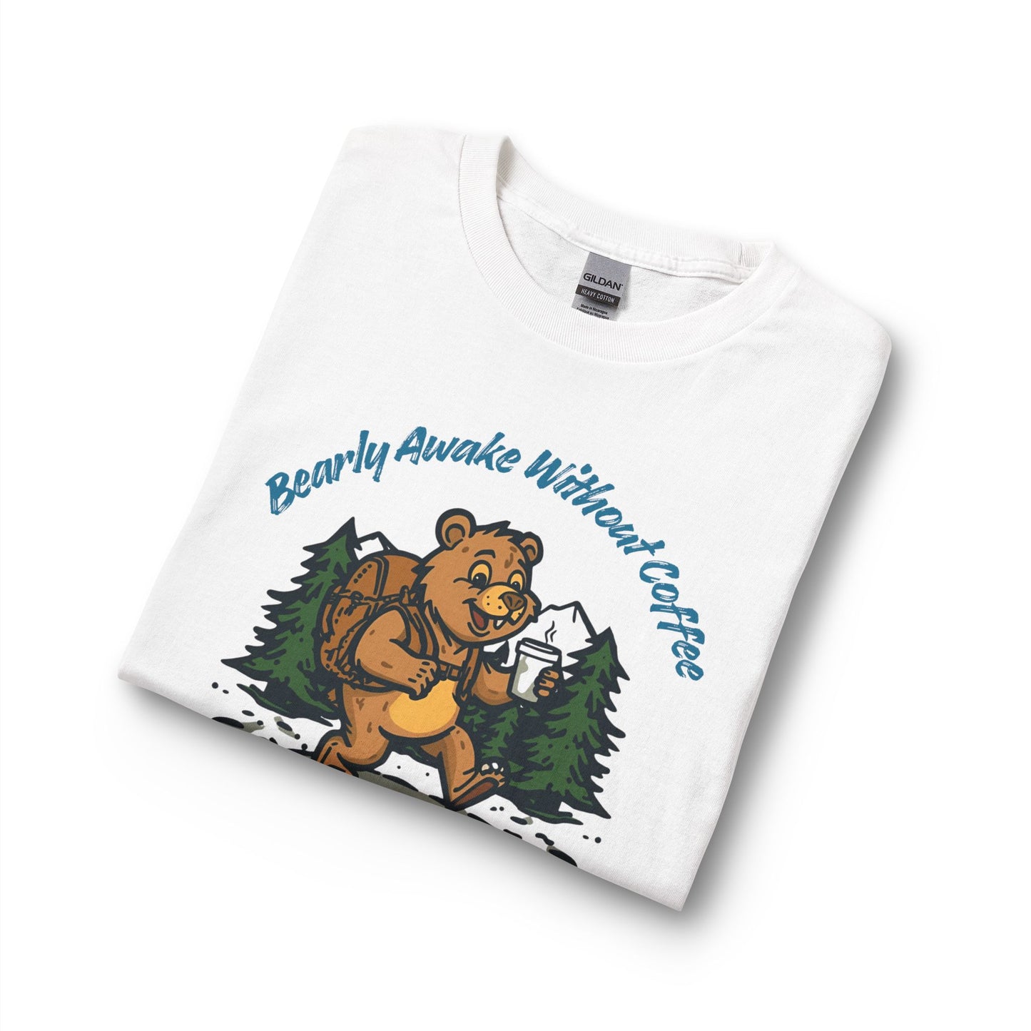White t-shirt with a bear graphic and text 'Bearly Awake Without Coffee' on a white background