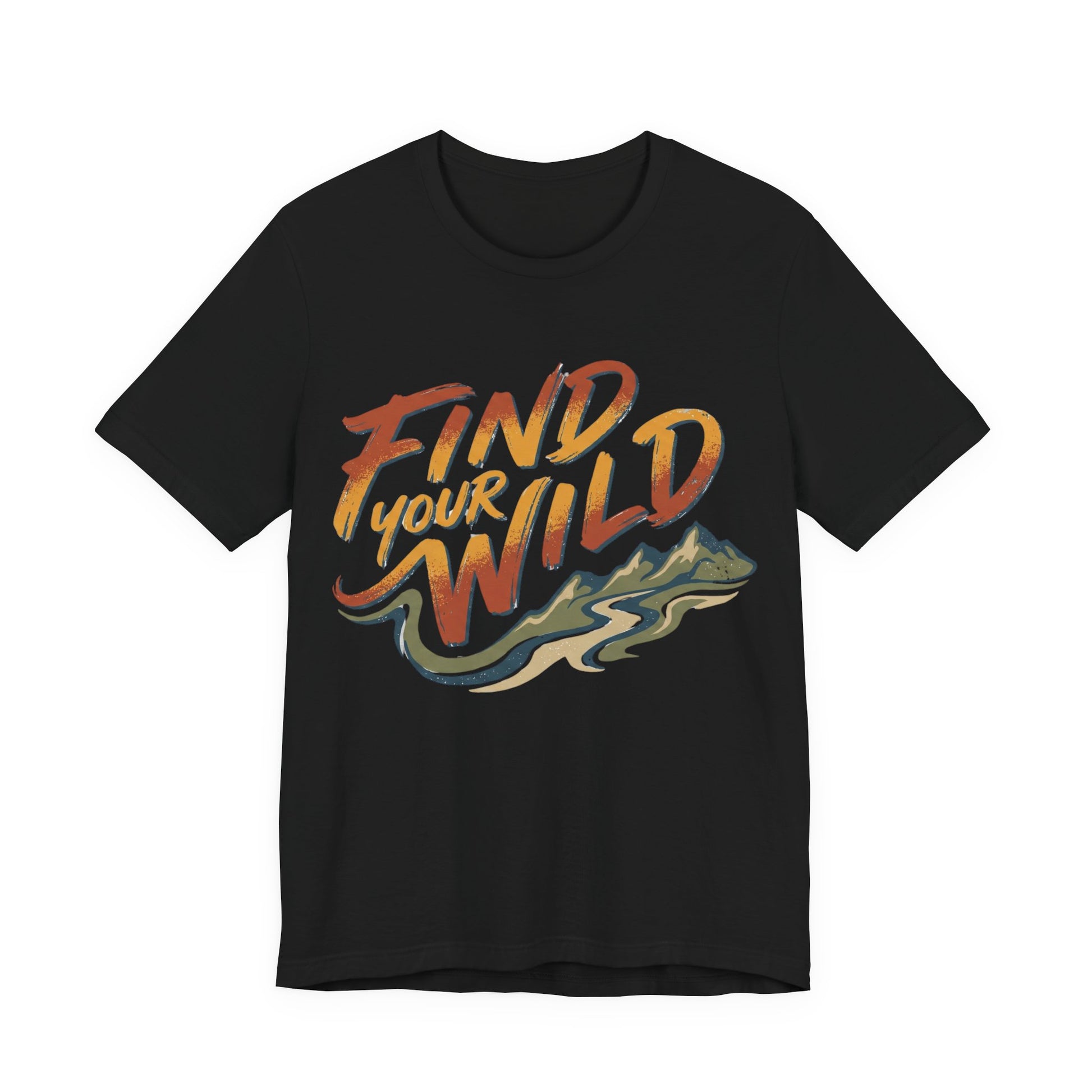 Black t-shirt with 'Find Your Wild' graphic design on a white background