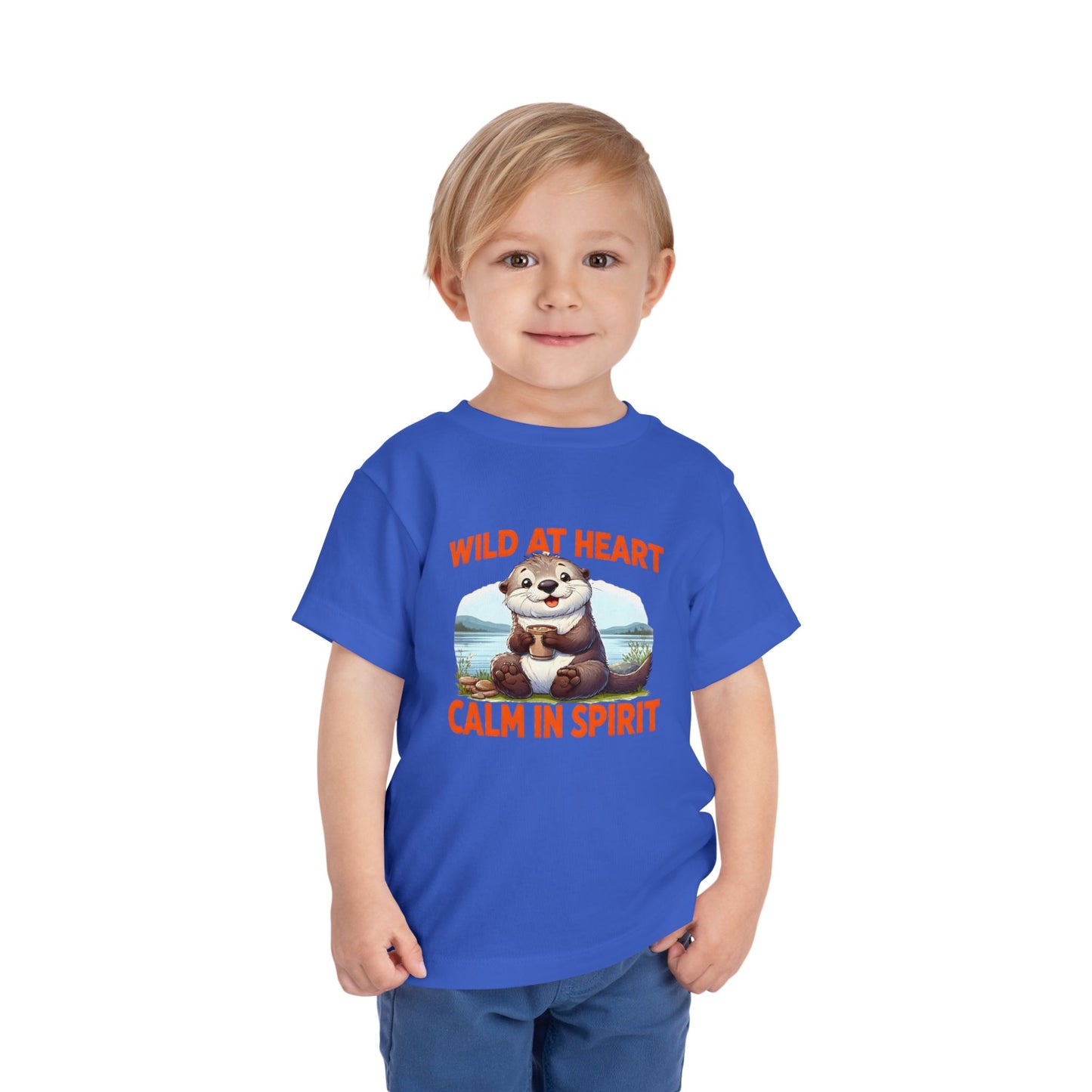 Child wearing a blue t-shirt with an otter graphic and text on a white background