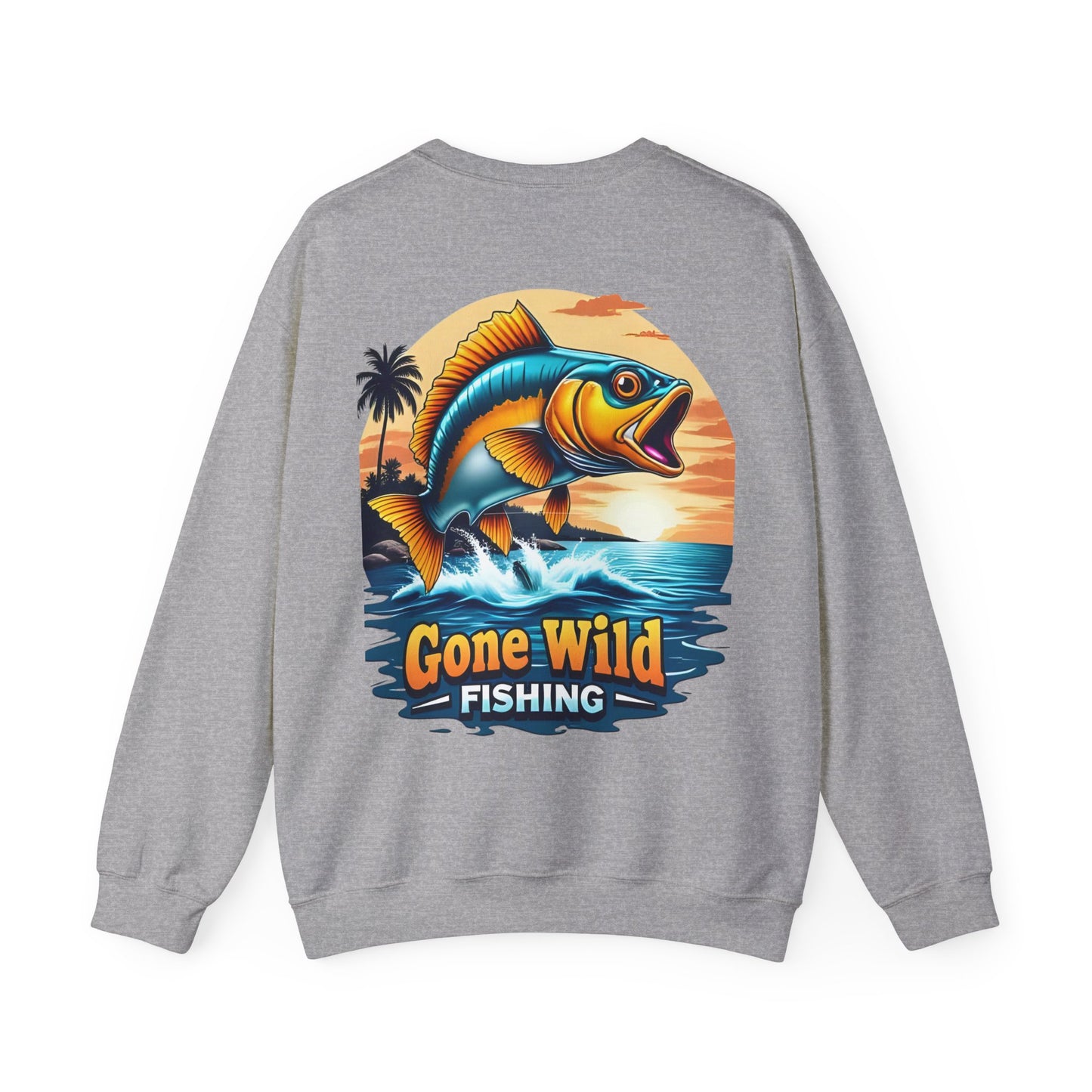 Gray sweatshirt with a colorful fish graphic and 'Gone Wild Fishing' text on the back.