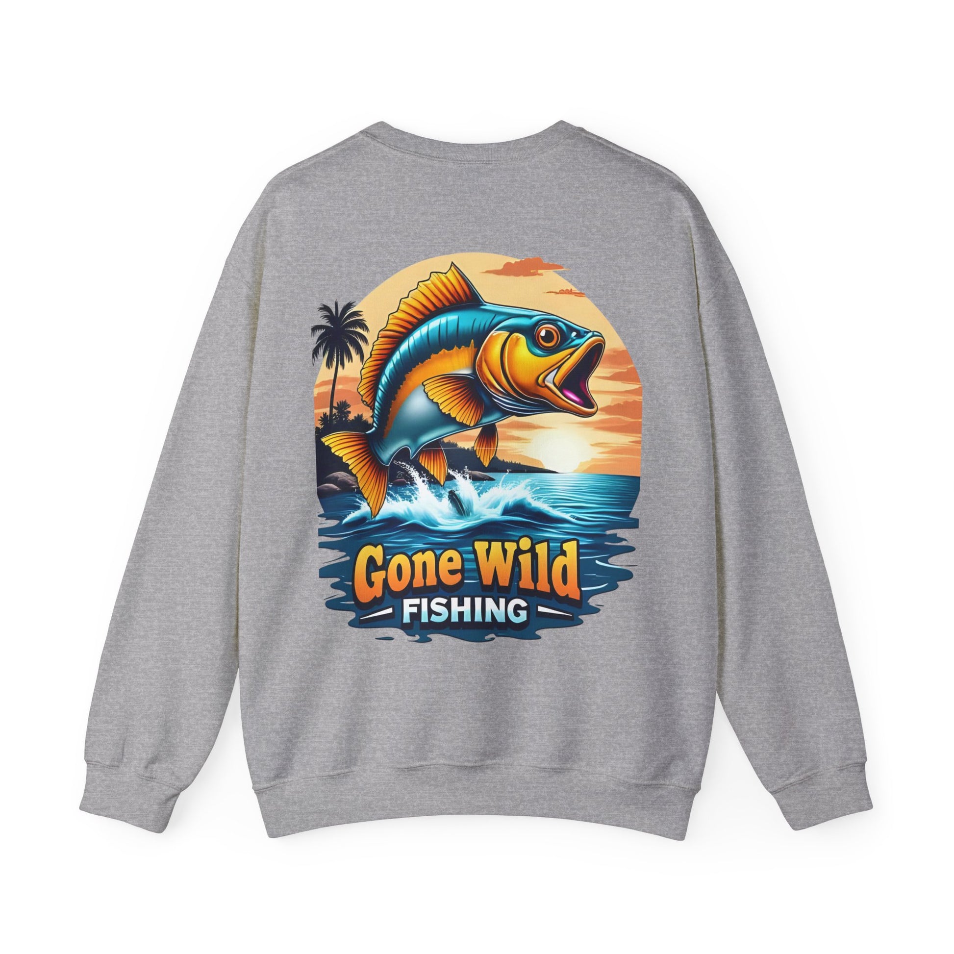 Gray sweatshirt with a colorful fish graphic and 'Gone Wild Fishing' text on the back.