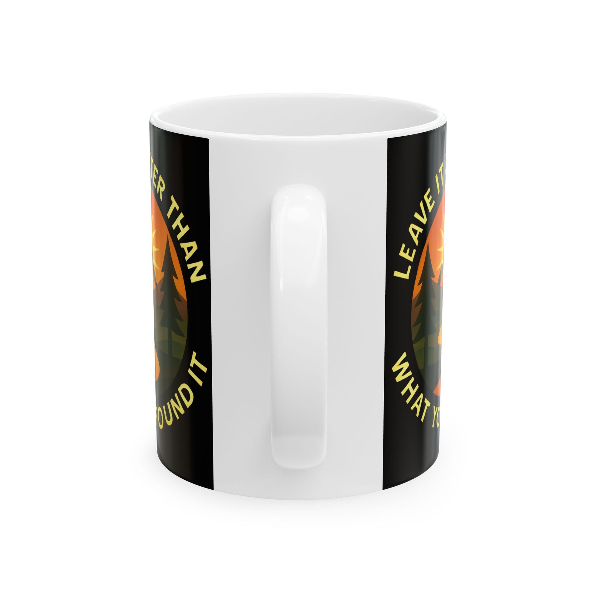 White mug with black stripes featuring text and a graphic design on a white background