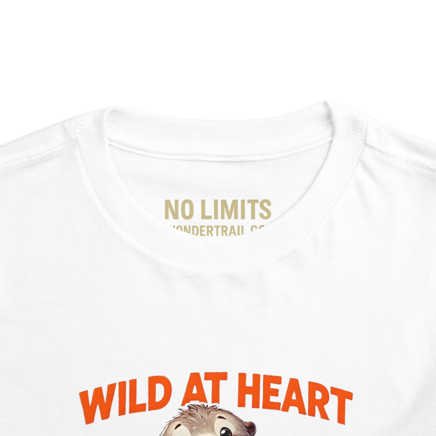 White t-shirt with 'No Limits' and 'Wild at Heart' text and graphic on a white background