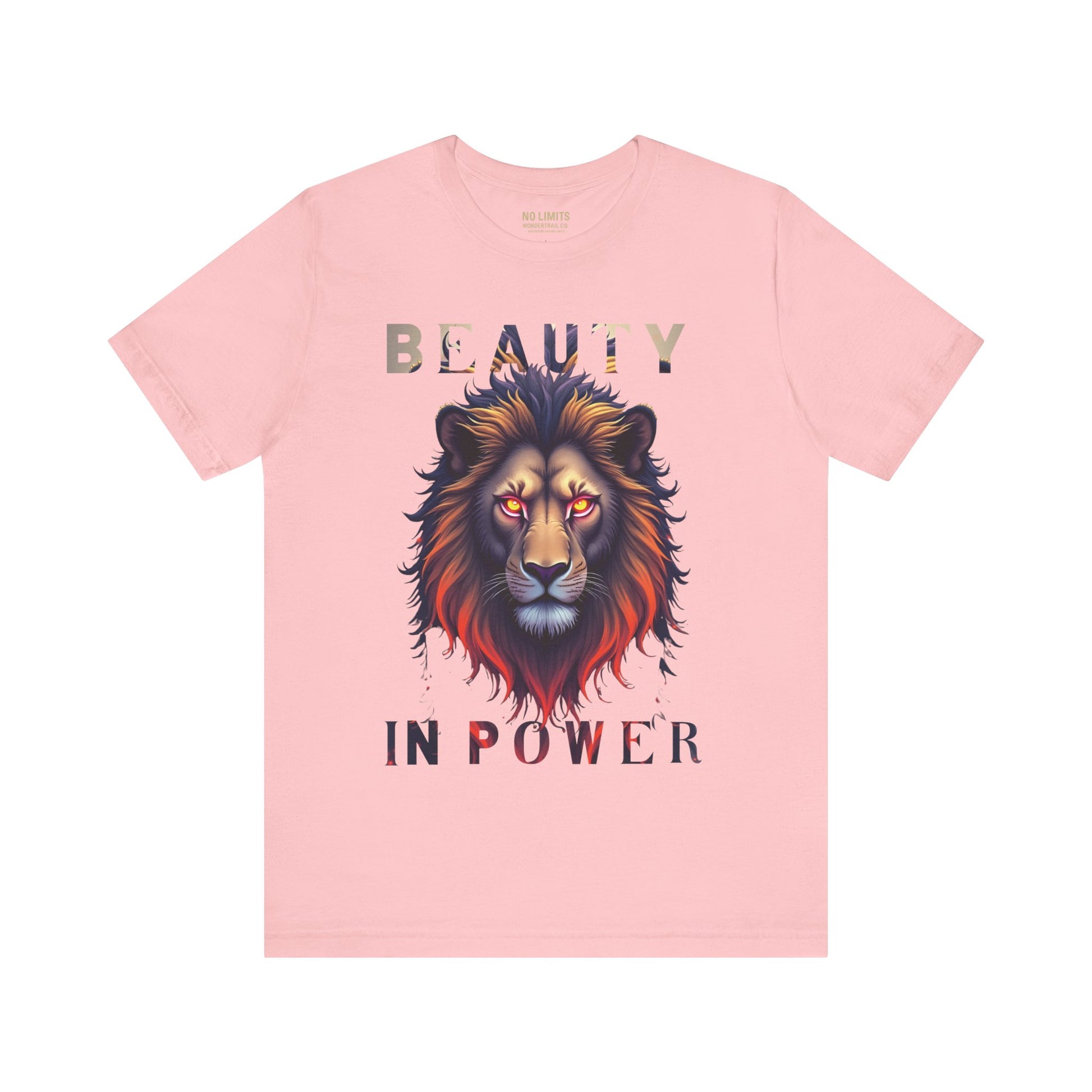 Pink t-shirt with a lion graphic and 'Beauty in Power' text on a white background