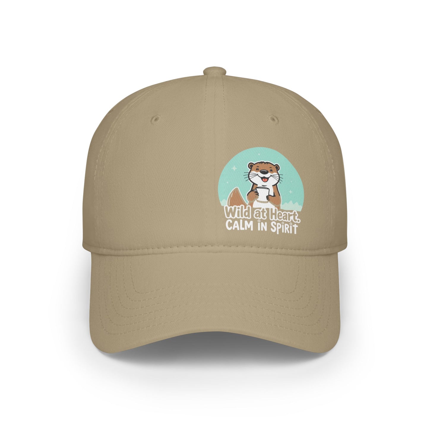 Beige cap with a graphic of an otter and text 'Wild at Heart, Calm in Spirit' on a white background