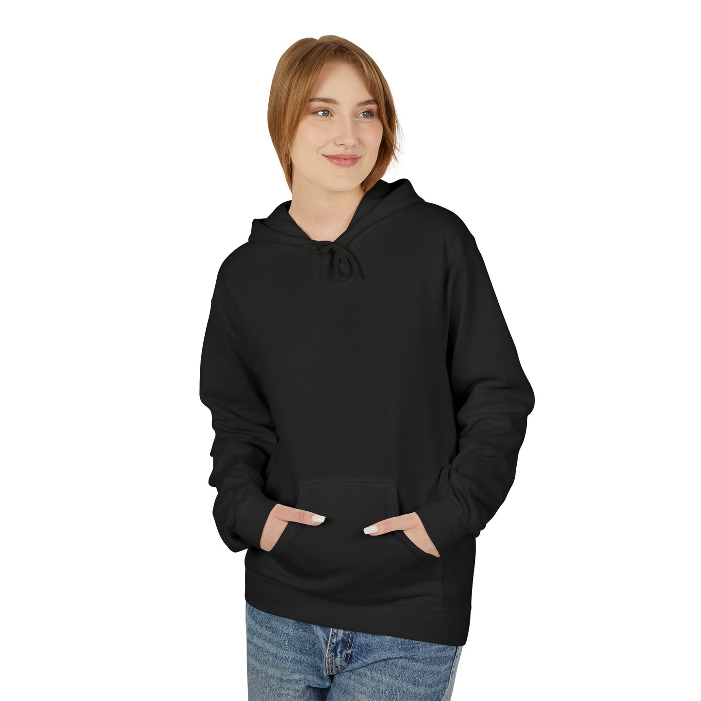 Person wearing a black hoodie on a white background