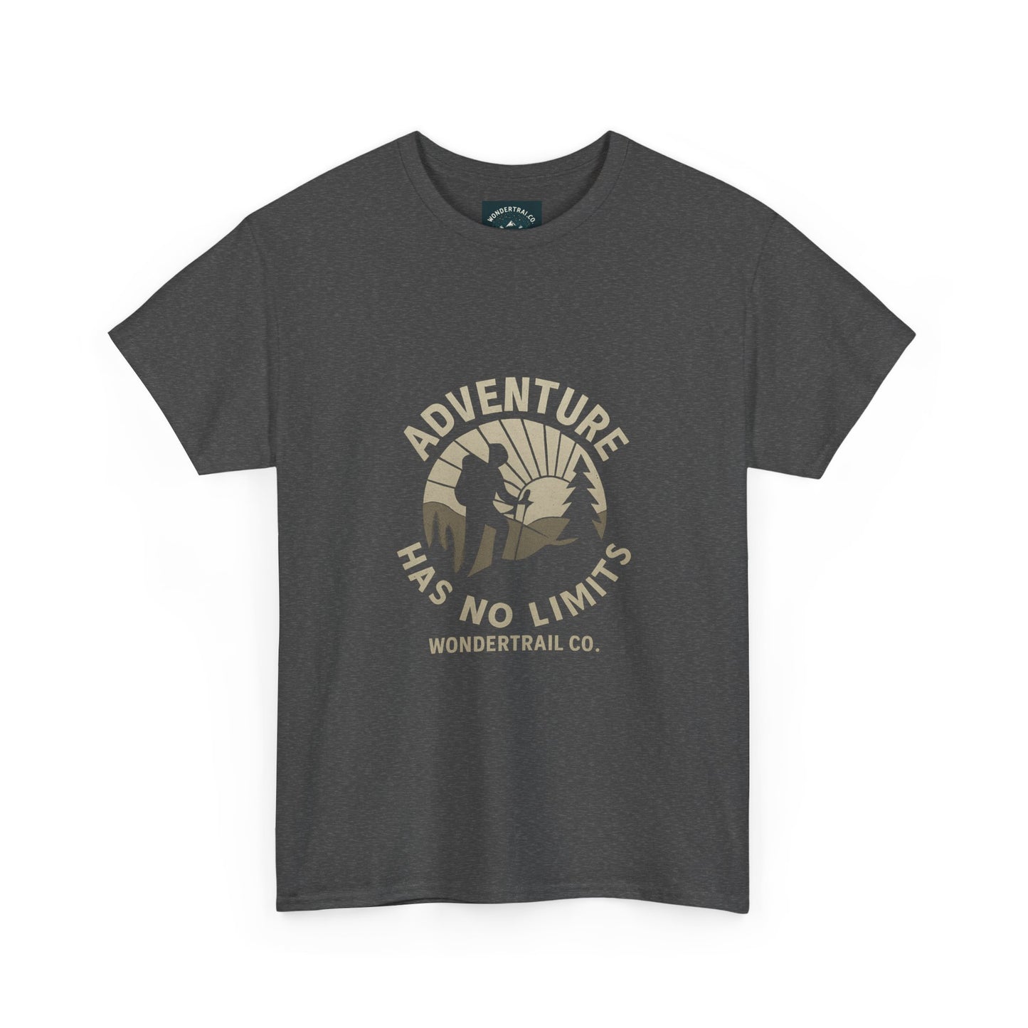 Gray t-shirt with 'Adventure Has No Limits' graphic and 'Wondertrail Co.' text on a white background