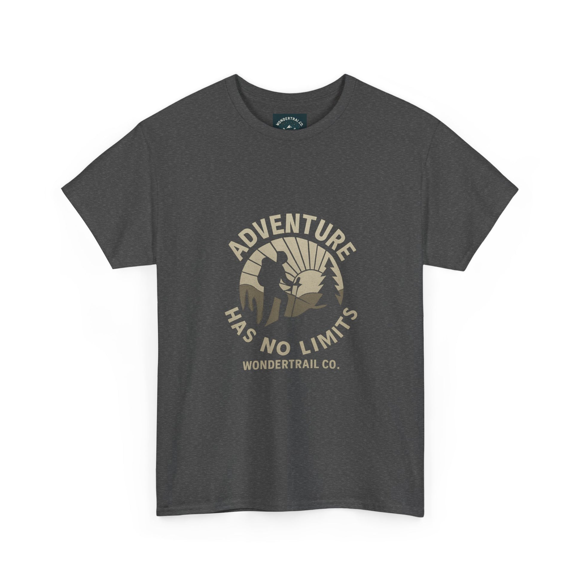 Gray t-shirt with 'Adventure Has No Limits' graphic and 'Wondertrail Co.' text on a white background