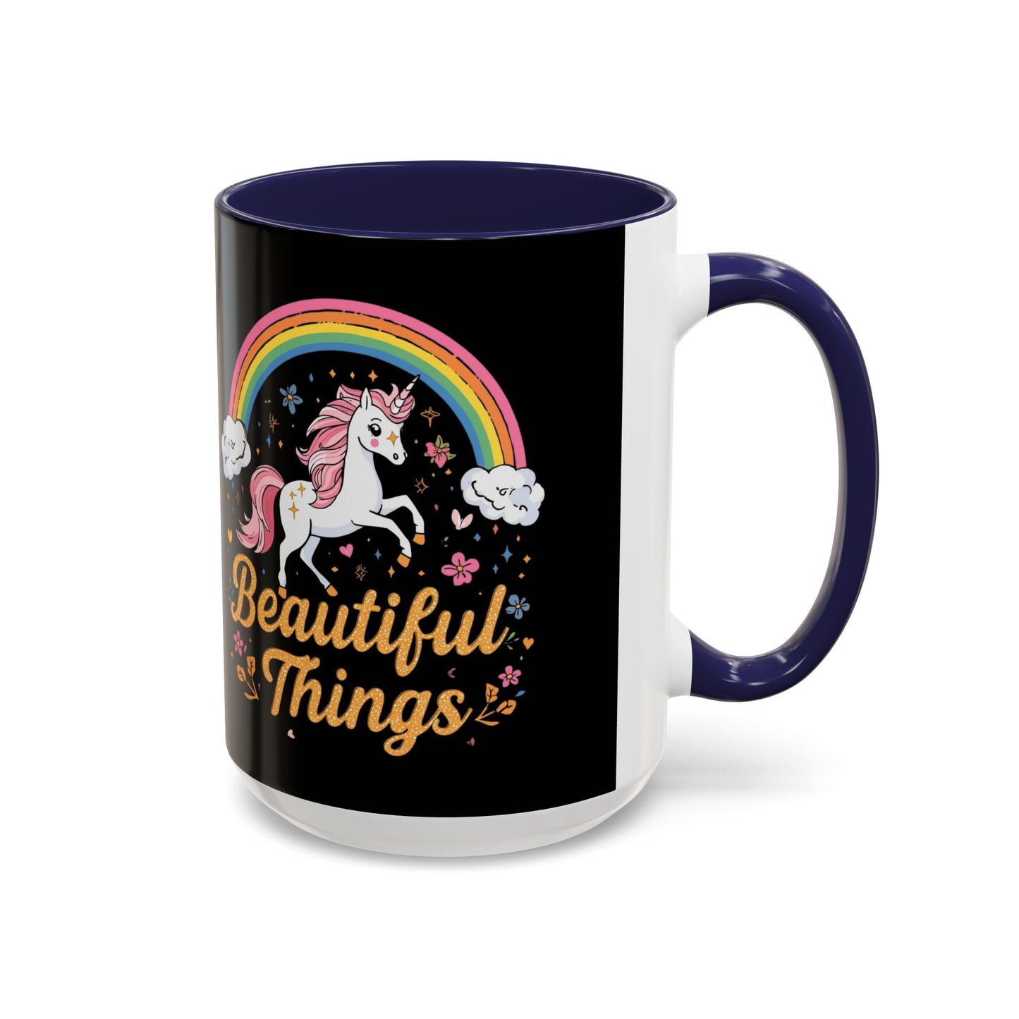 Mug with unicorn and rainbow design on a black background