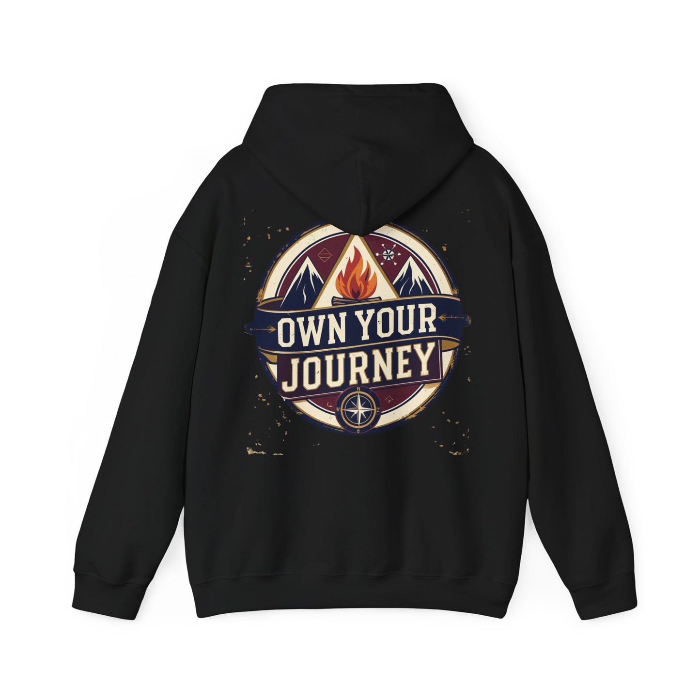 Black hoodie with 'Own Your Journey' graphic on the back against a white background