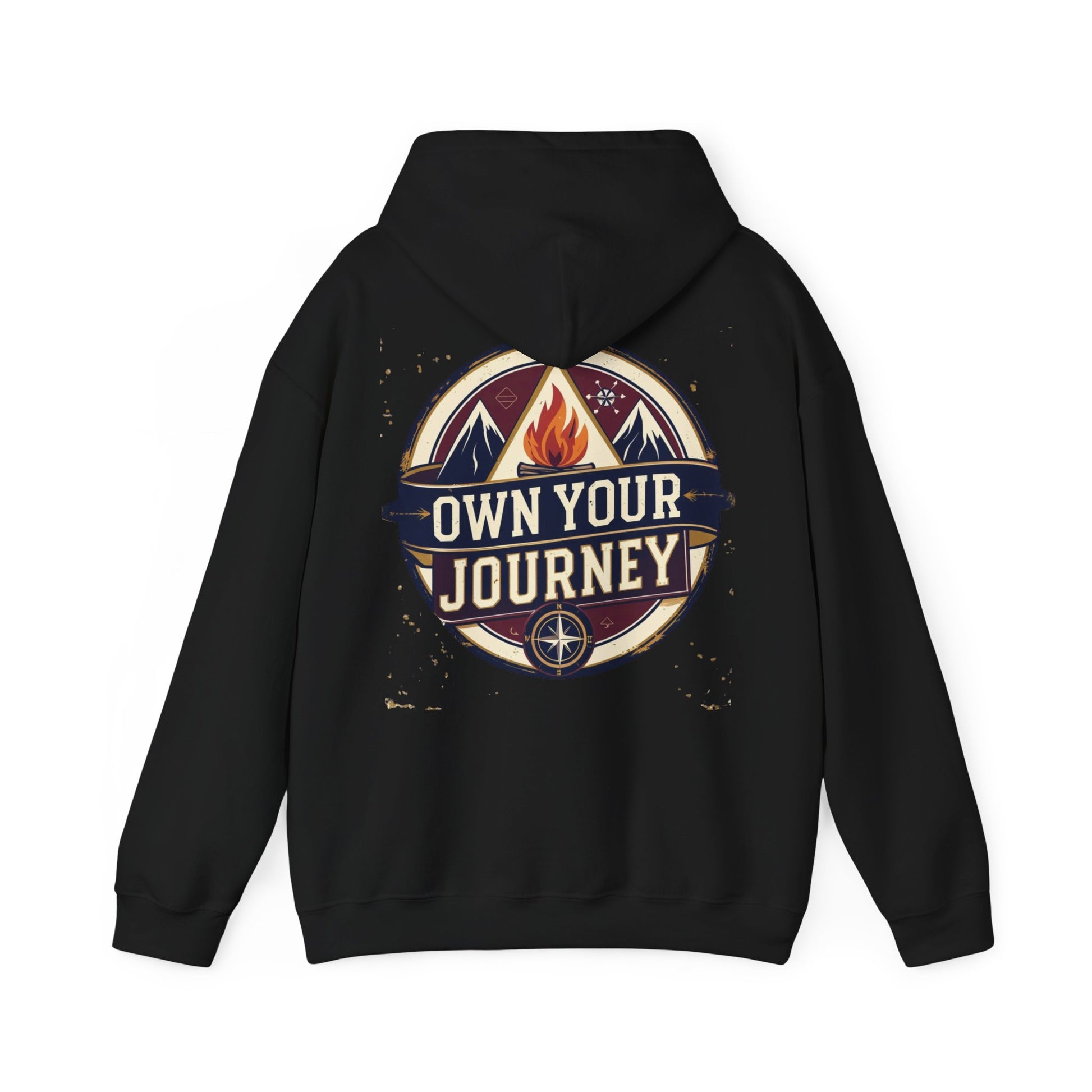 Black hoodie with 'Own Your Journey' graphic on the back against a white background