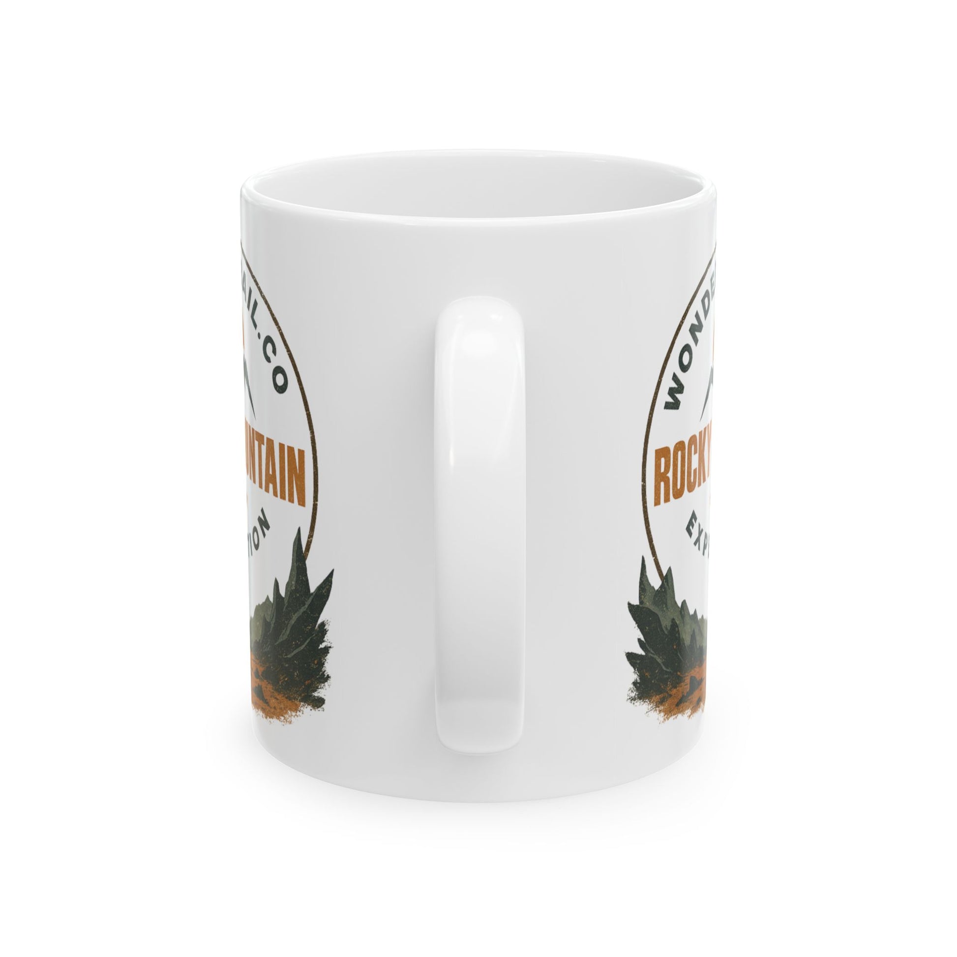 White mug with branding on a white background