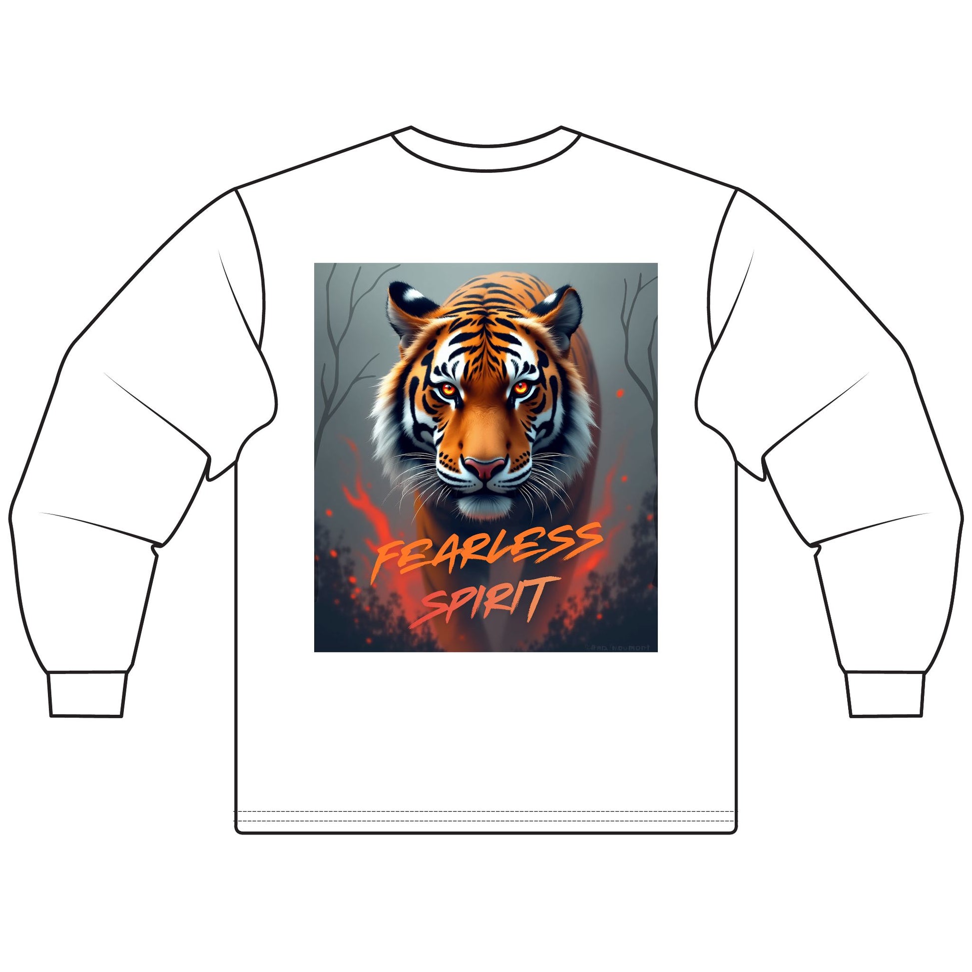 White long-sleeve shirt with a tiger graphic and 'Fearless Spirit' text on a white background