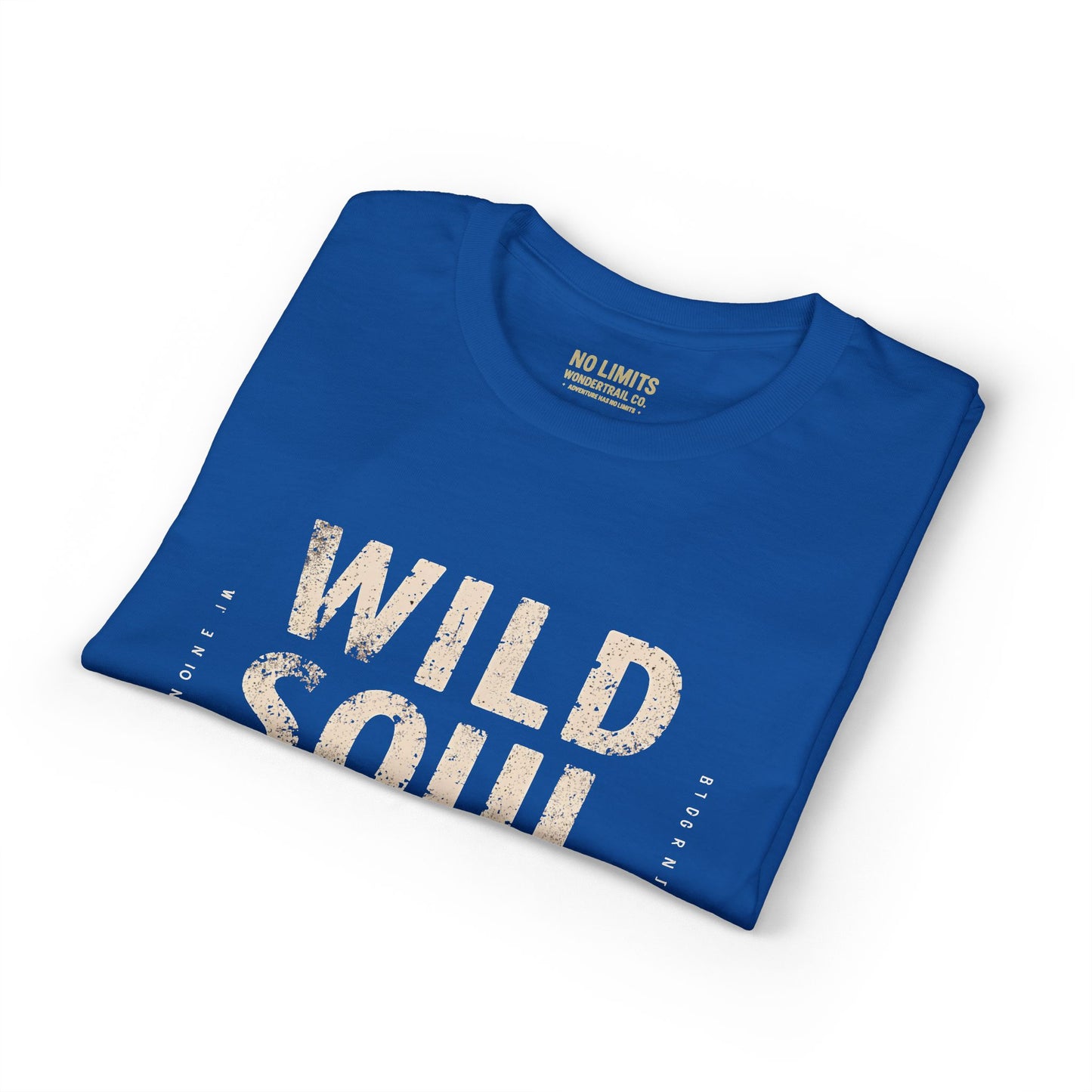 Folded blue t-shirt with 'Wild Soul' text on a white background