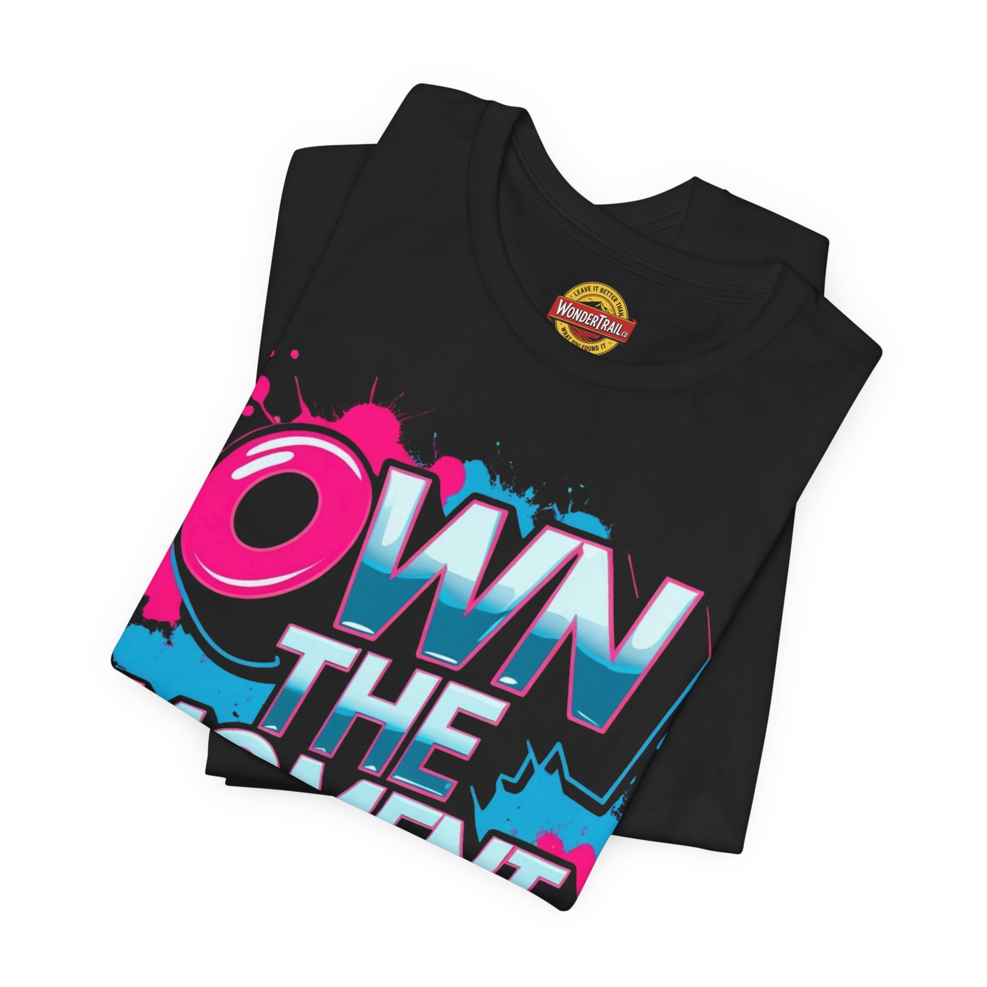 Black t-shirt with colorful text design on a white background