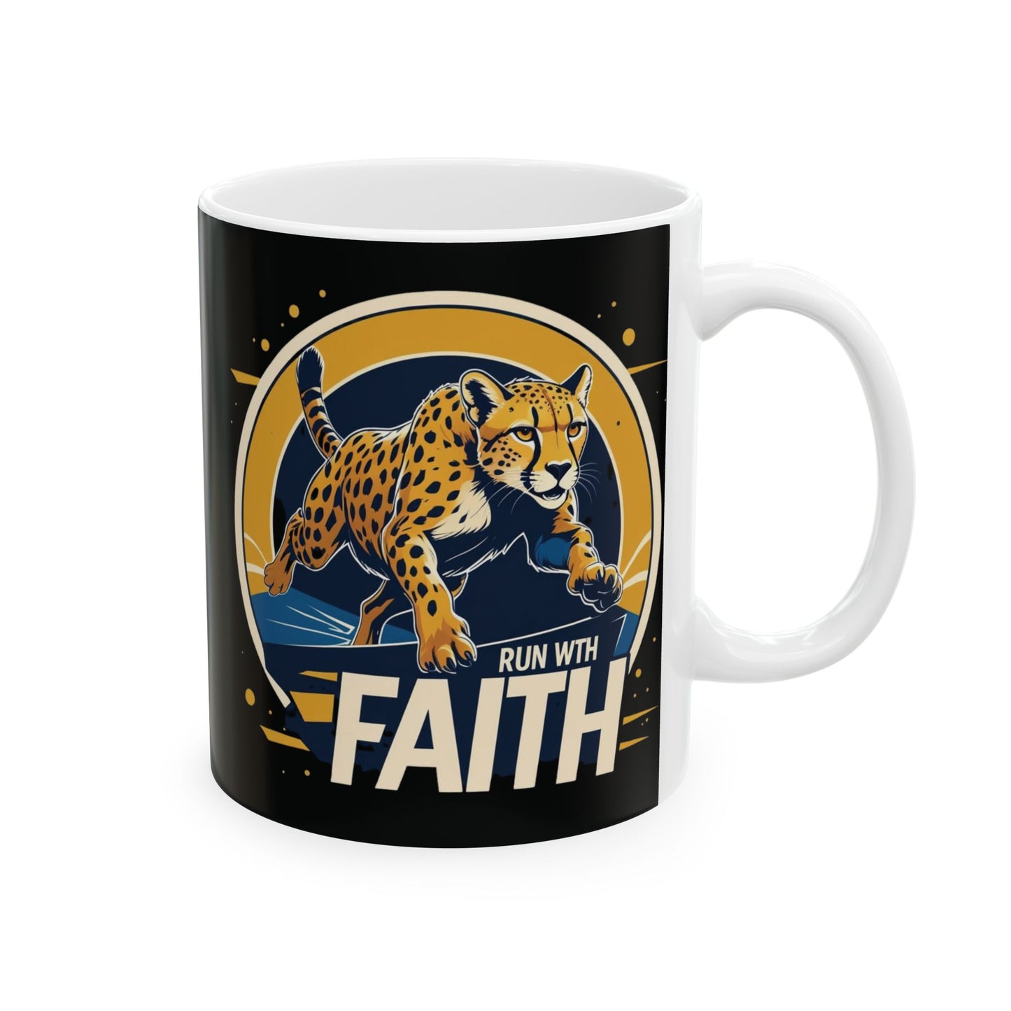 Mug with a cheetah graphic and 'Run with Faith' text on a black background