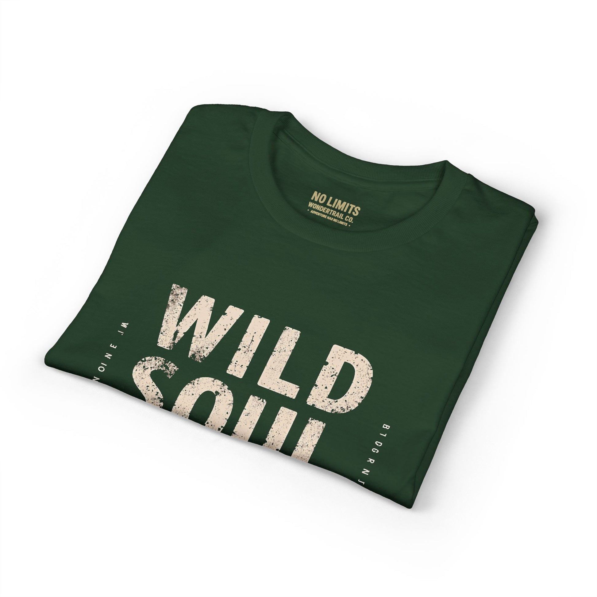 Folded green t-shirt with 'Wild Soul' text on a white background