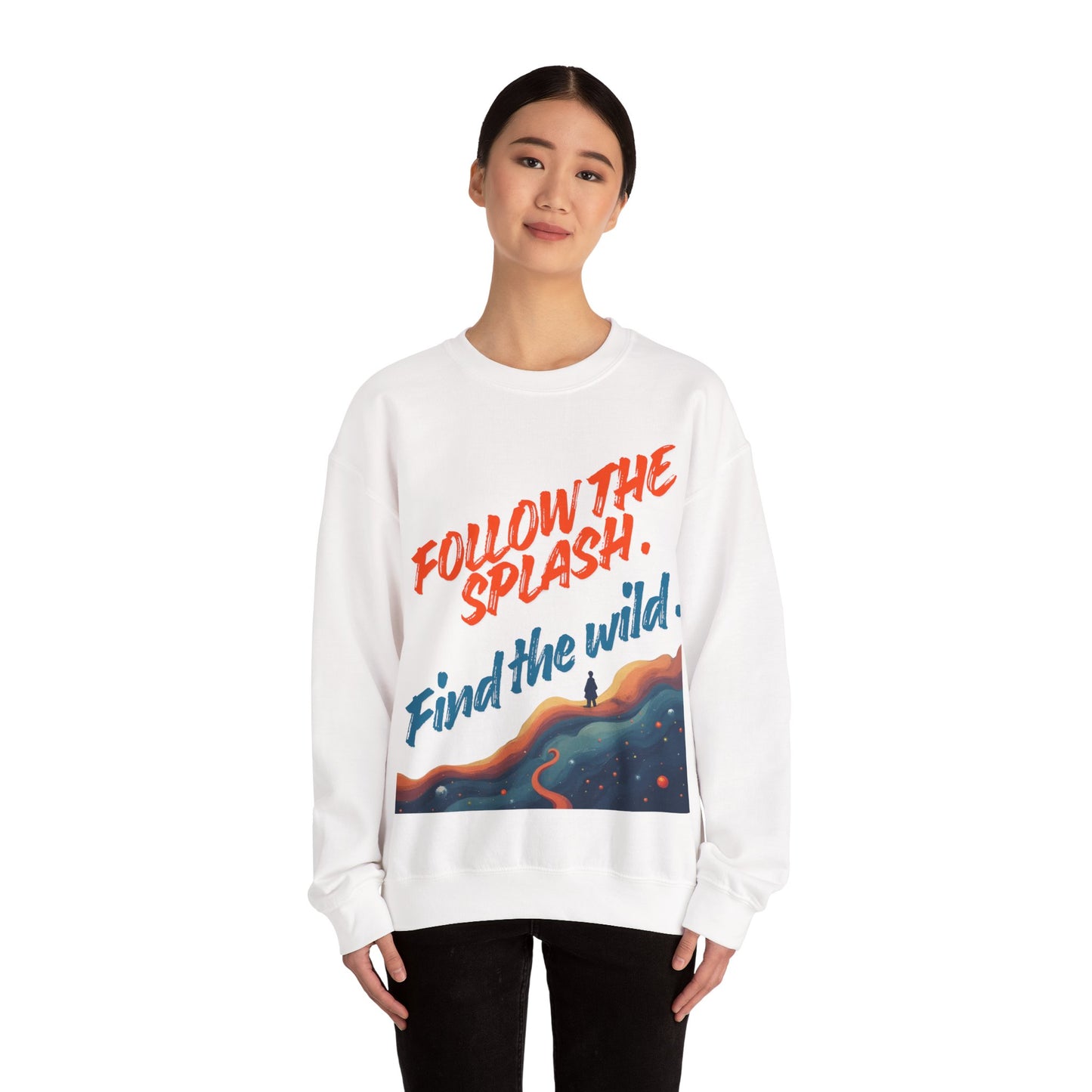 Person wearing a white sweatshirt with a graphic design and text on a white background