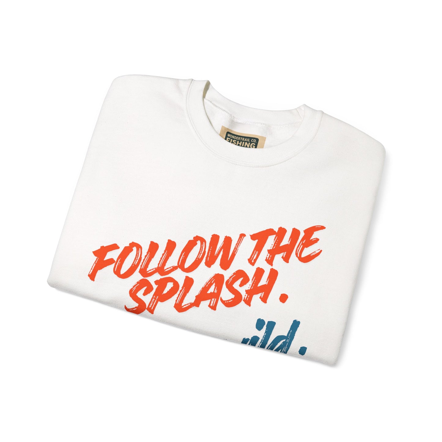 White sweatshirt with 'Follow the Splash' text on a white background