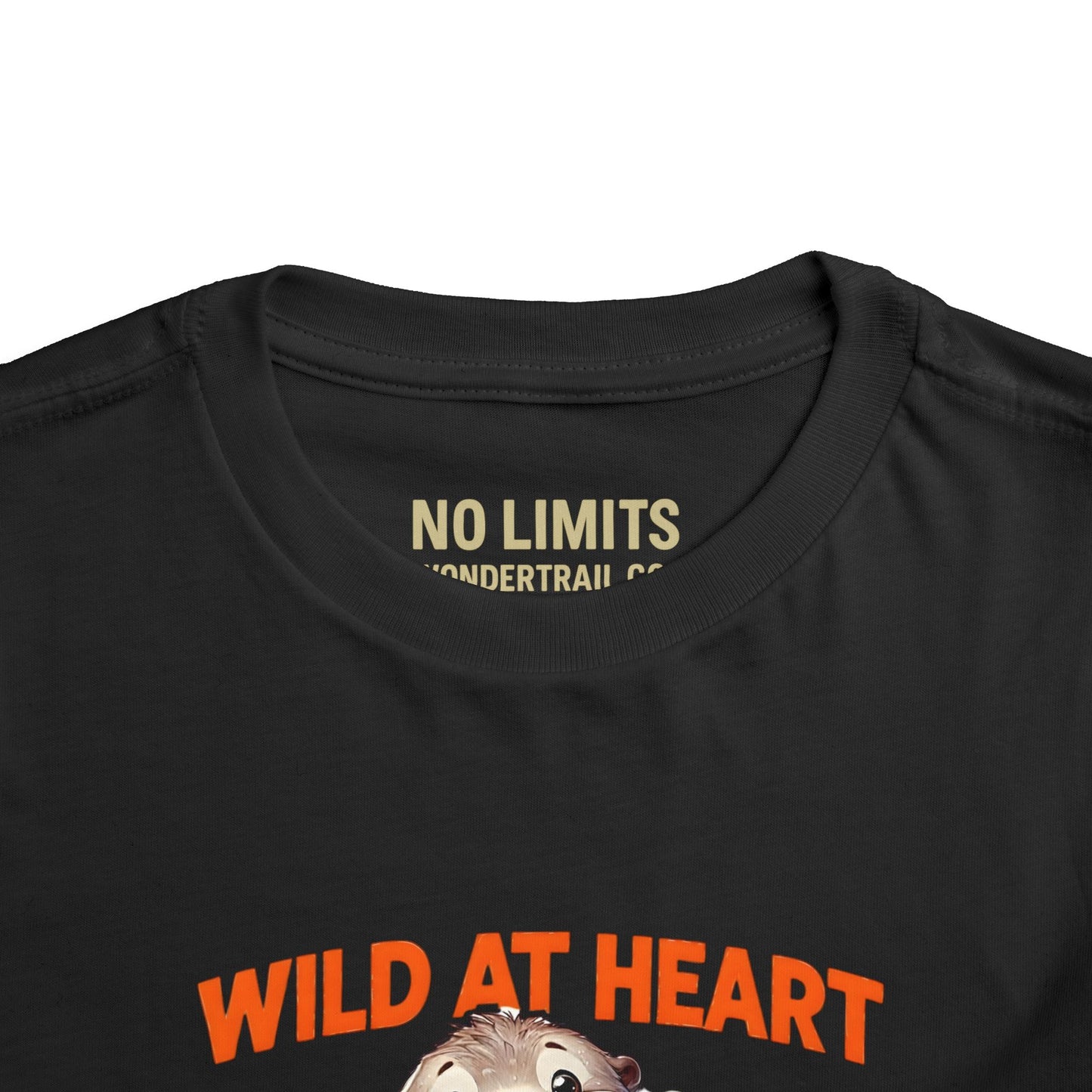 Black t-shirt with 'No Limits' text and 'Wild at Heart' graphic on a white background