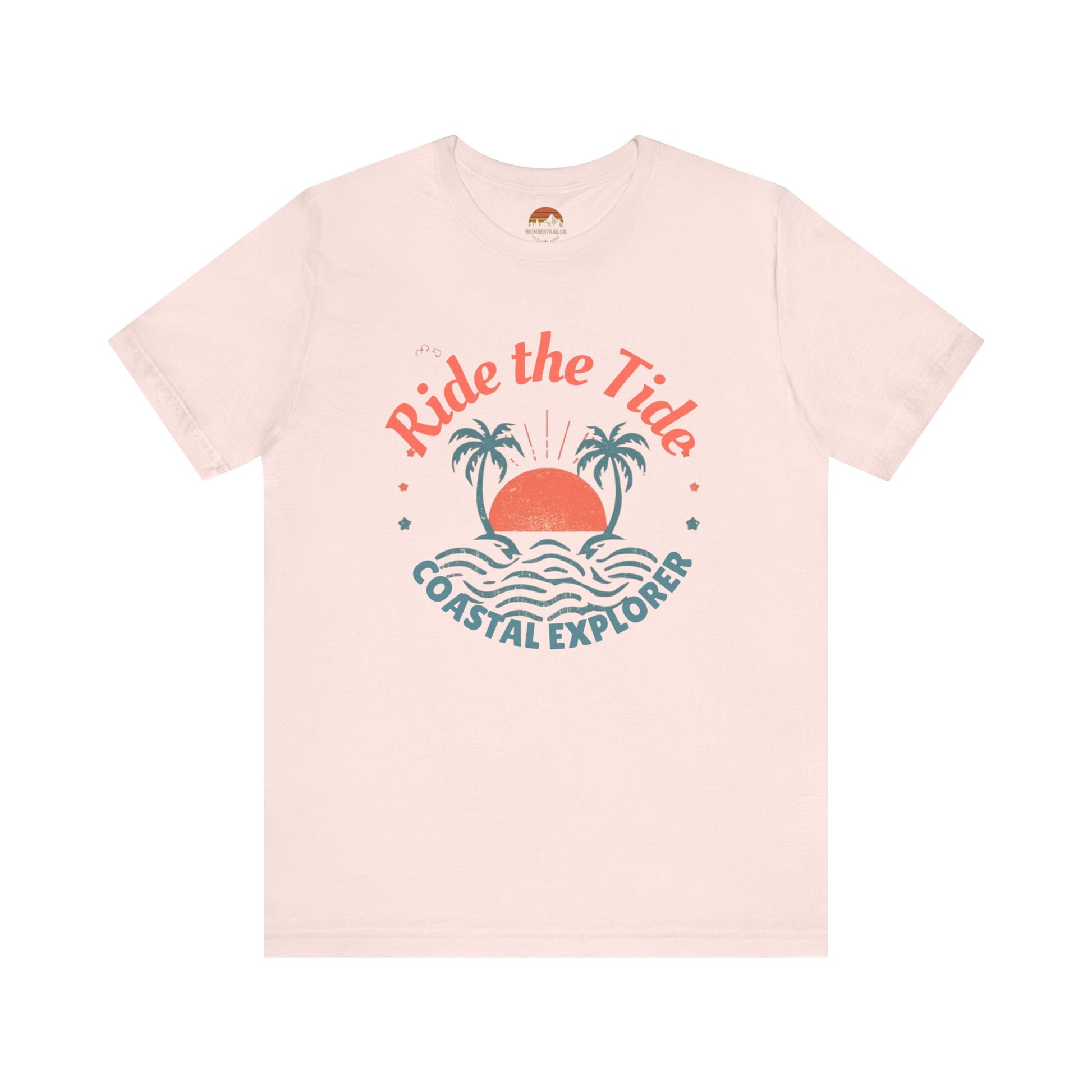 Pink t-shirt with 'Ride the Tide Coastal Explorer' design on a white background