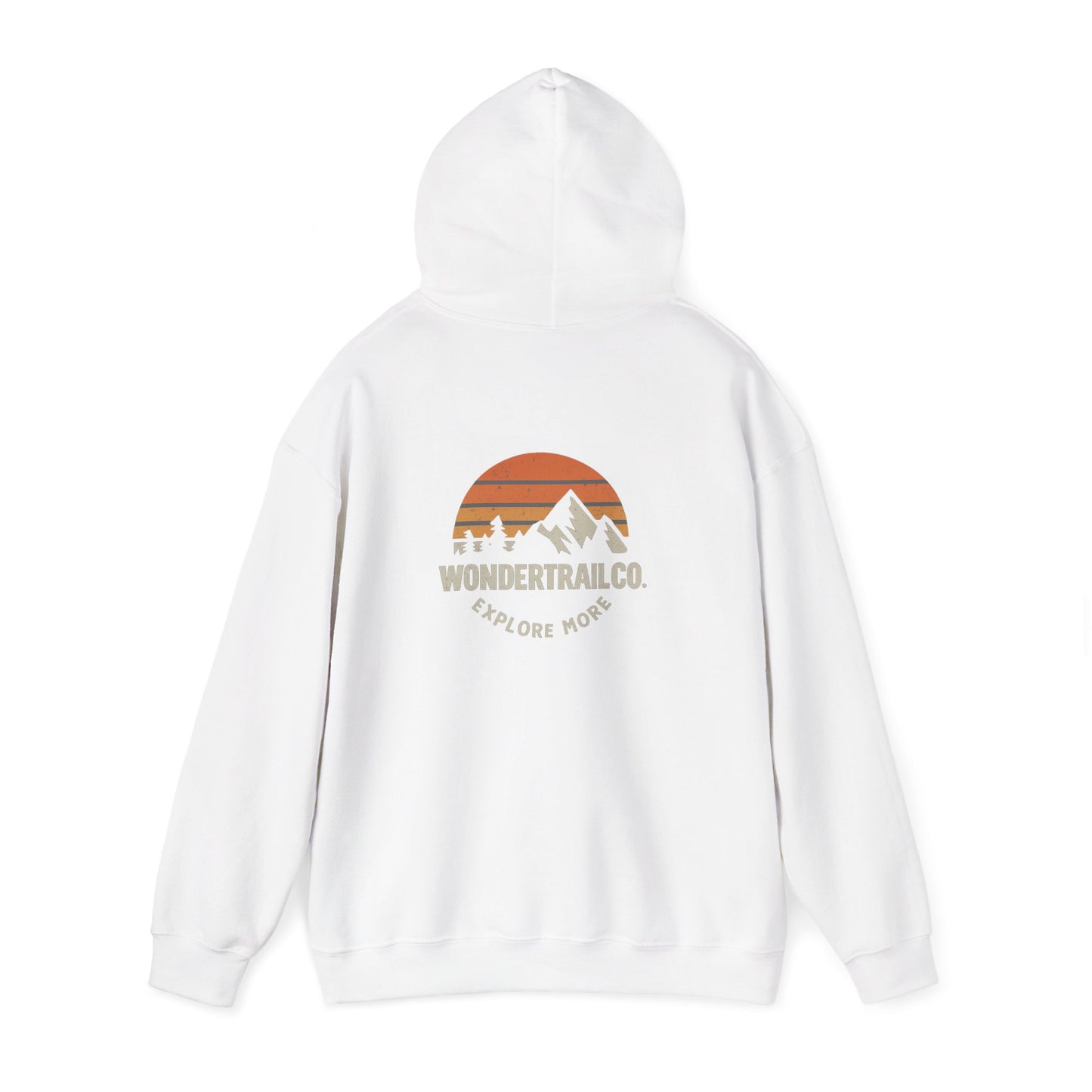 White hoodie with a graphic design on the back against a white background