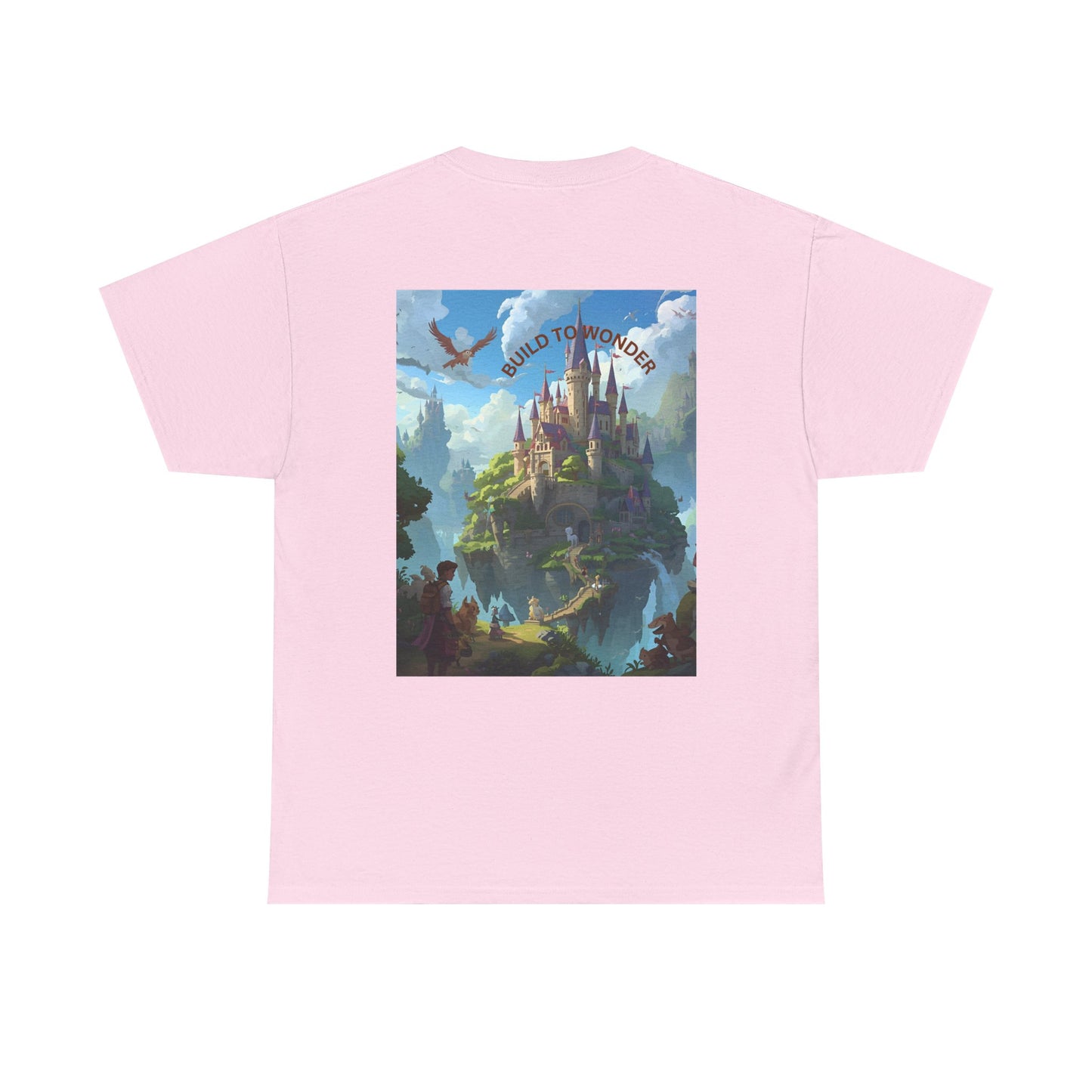 Pink t-shirt with a fantasy castle graphic on the back against a white background