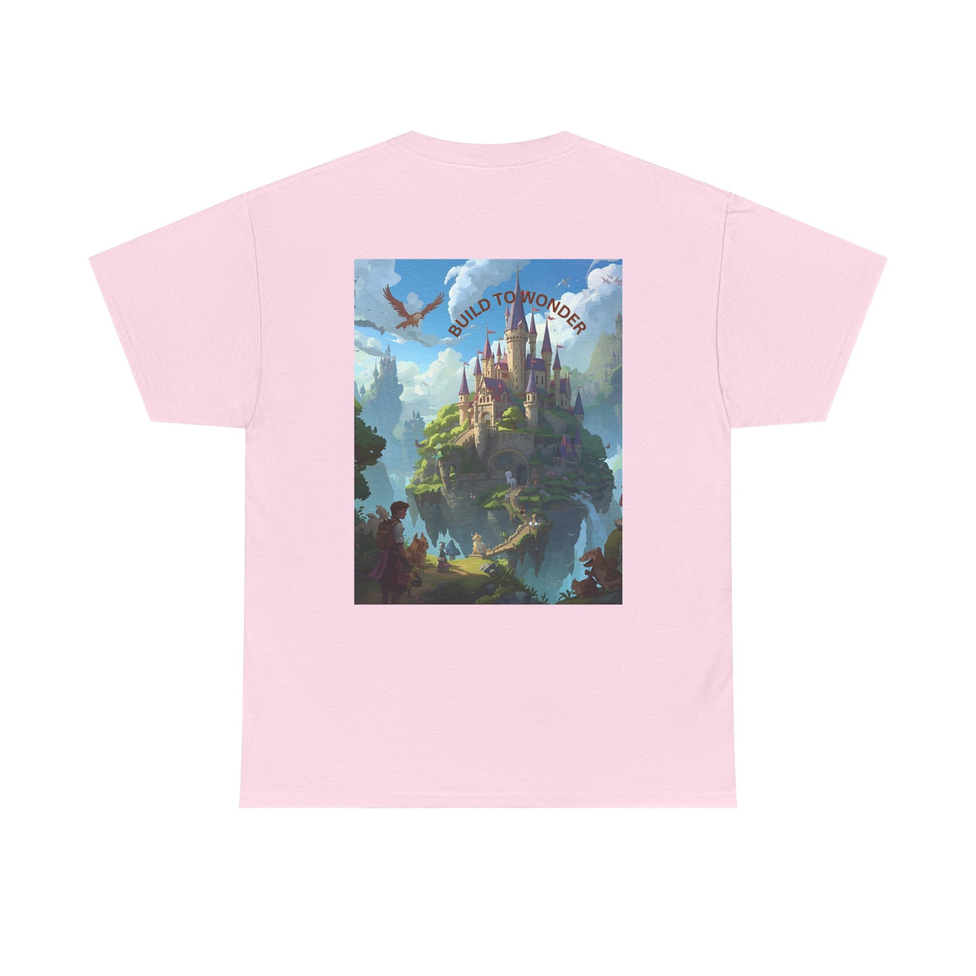 Pink t-shirt with a fantasy castle graphic on the back against a white background