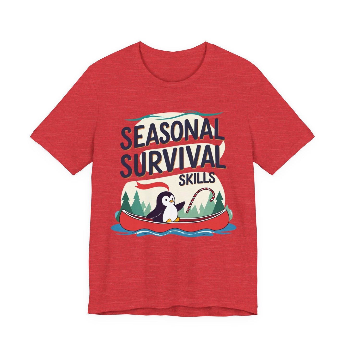 Red t-shirt with 'Seasonal Survival Skills' graphic featuring a penguin in a canoe on a white background.